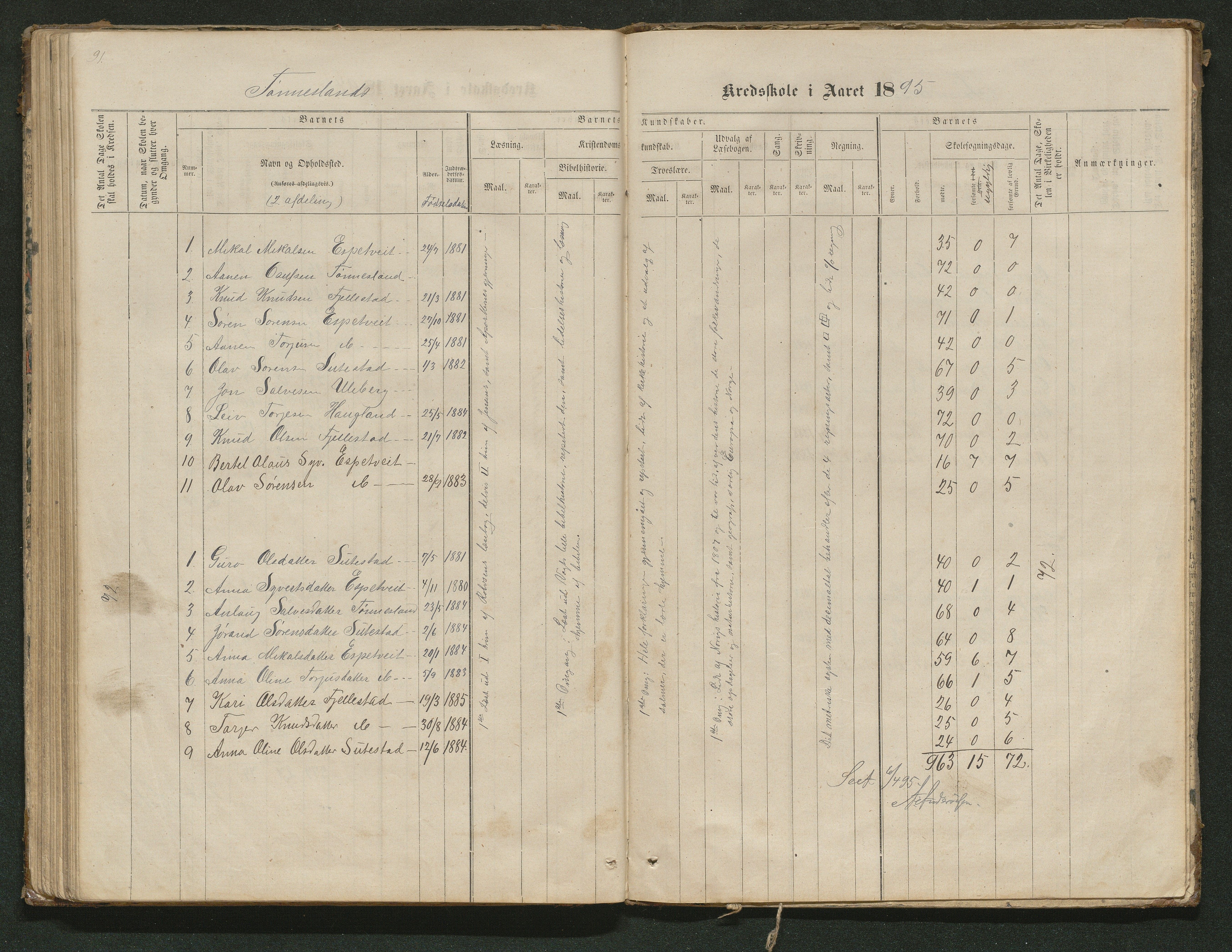 Hornnes kommune, Tønnesvold, Abusland skolekretser, AAKS/KA0936-550g/F1/L0001: Skoleprotokoll Abusland, Tønnesvold, 1864-1896, p. 91