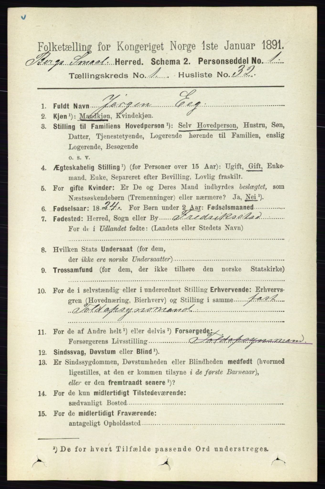 RA, 1891 census for 0116 Berg, 1891, p. 332