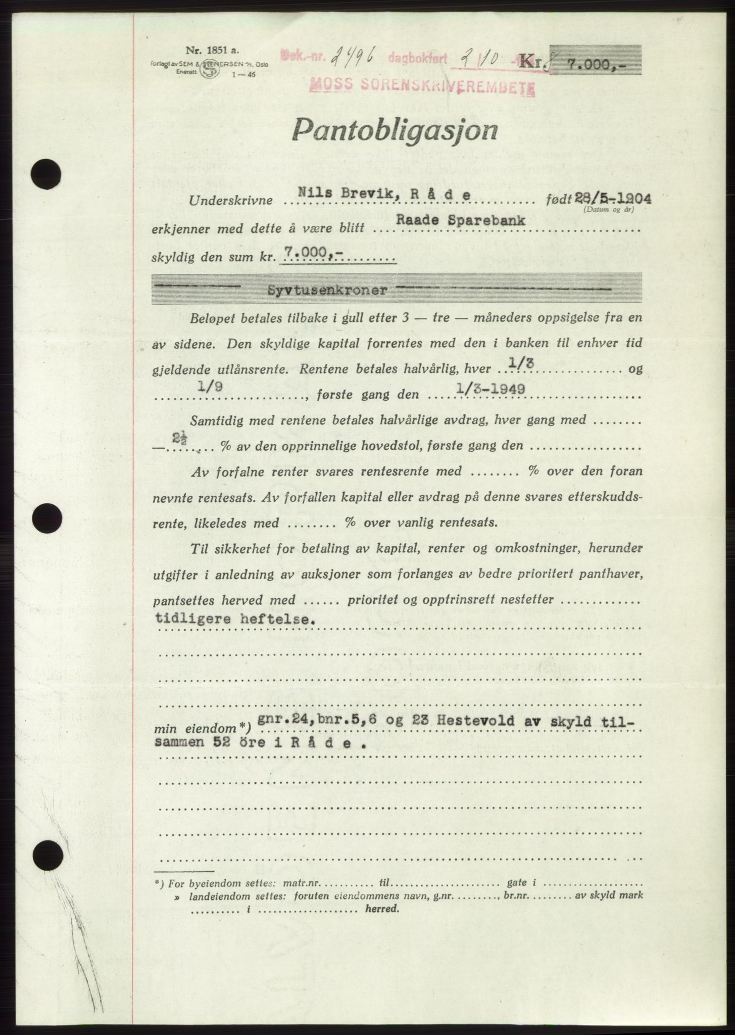 Moss sorenskriveri, AV/SAO-A-10168: Mortgage book no. B20, 1948-1948, Diary no: : 2496/1948