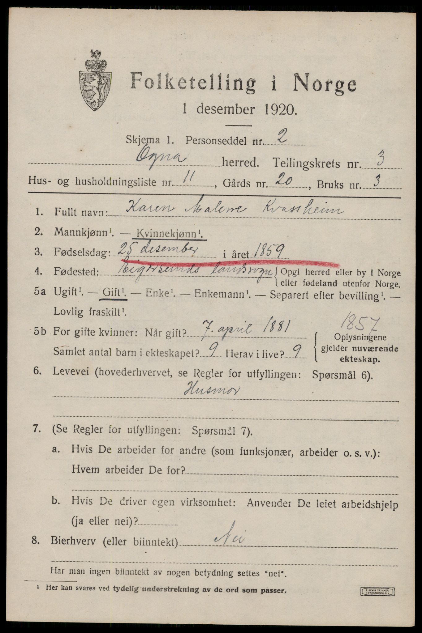 SAST, 1920 census for Ogna, 1920, p. 1883