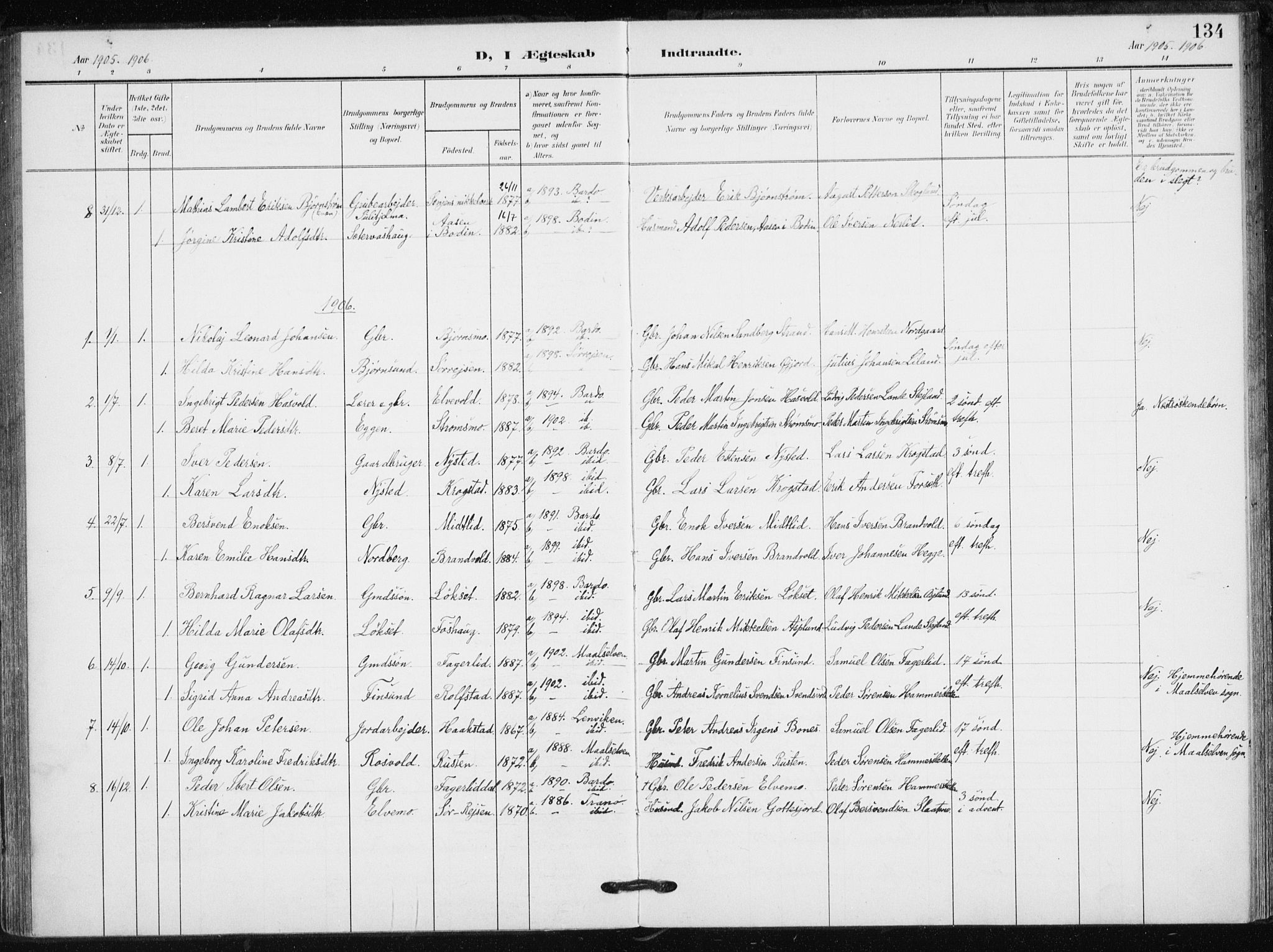 Målselv sokneprestembete, SATØ/S-1311/G/Ga/Gaa/L0013kirke: Parish register (official) no. 13, 1903-1919, p. 134