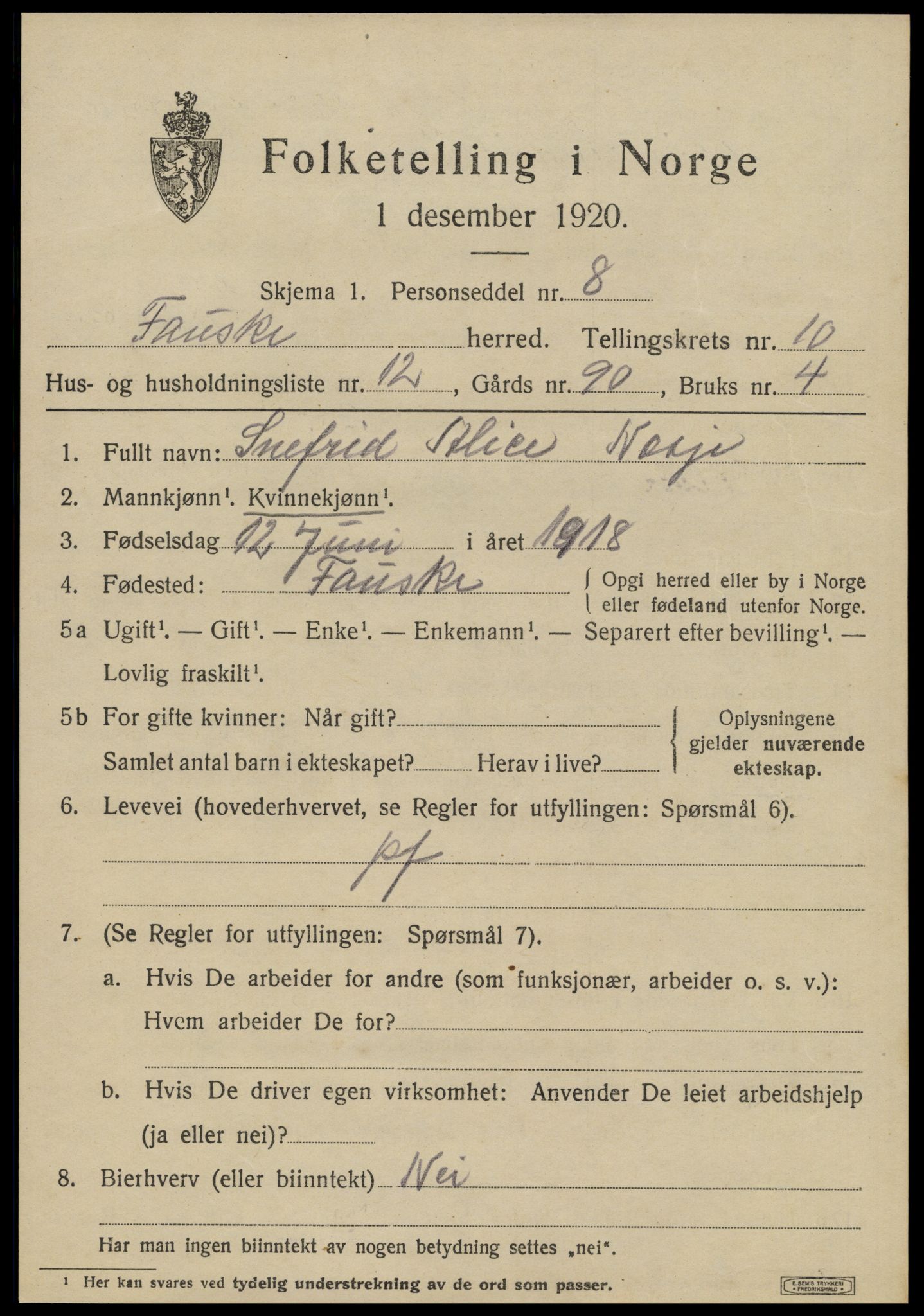 SAT, 1920 census for Fauske, 1920, p. 7776