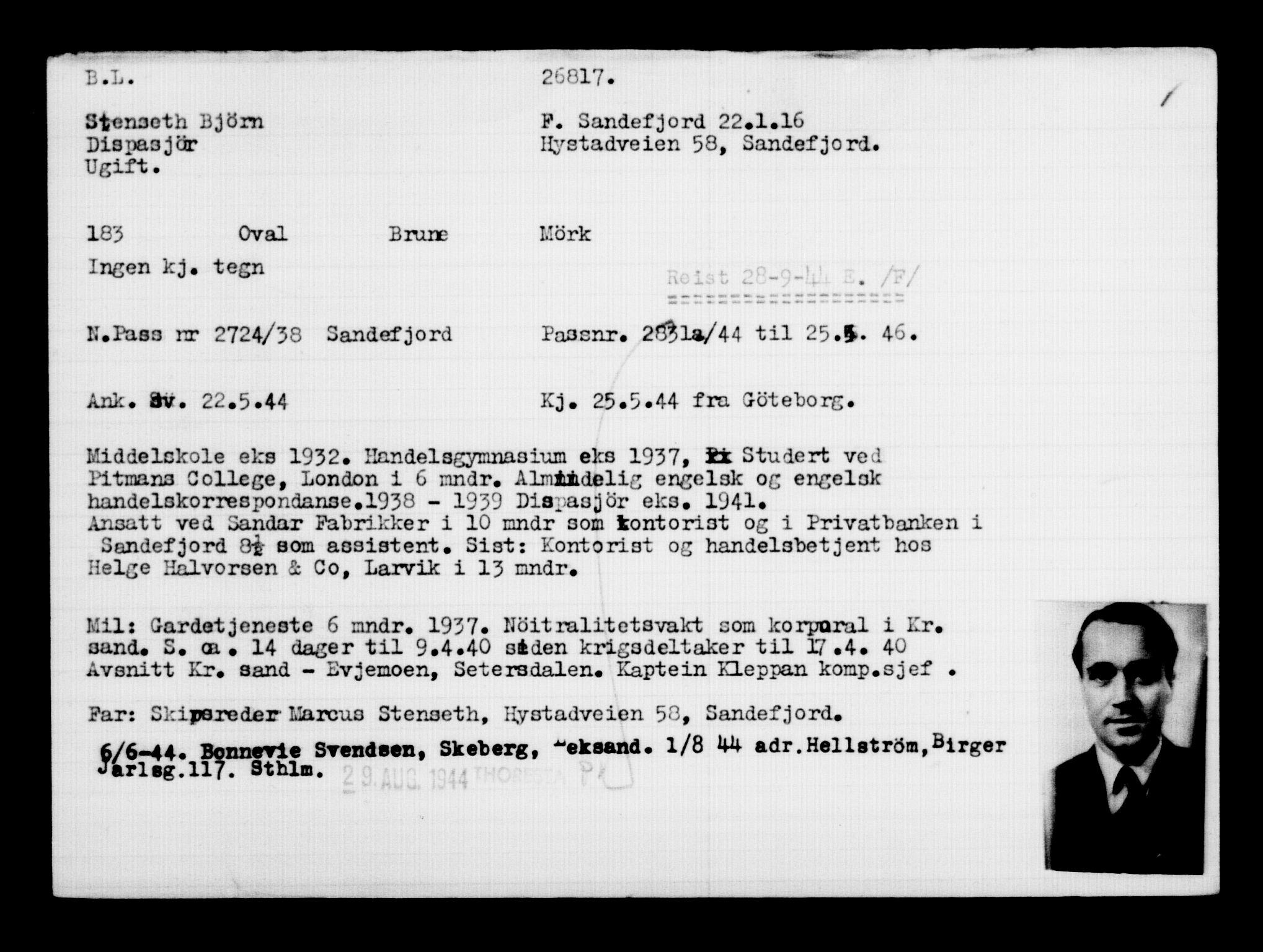 Utenriksstasjonene, Legasjonen i Stockholm, Flyktningkontoret, AV/RA-S-6753/V/Va/L0011: Kjesäterkartoteket, flyktninger med registreringsnr. 25300-28349, 1940-1945, p. 1593