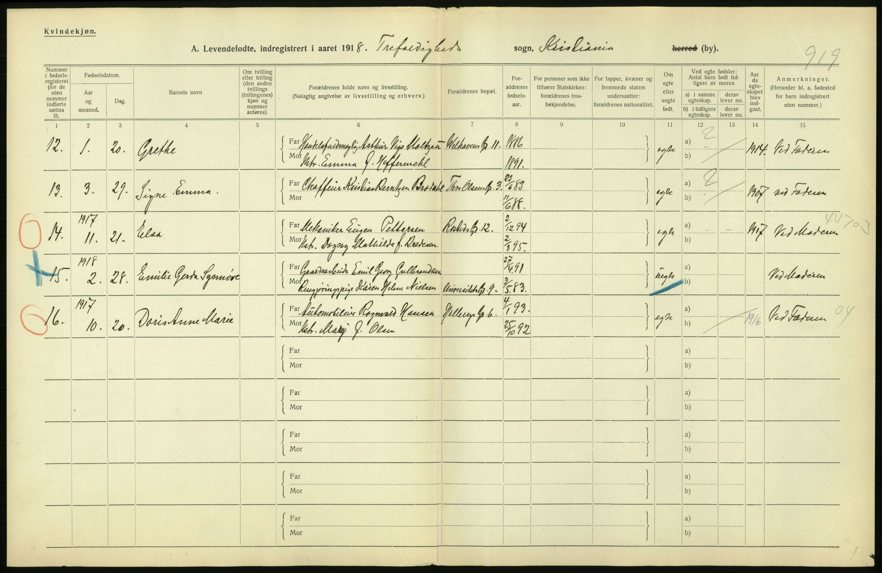 Statistisk sentralbyrå, Sosiodemografiske emner, Befolkning, AV/RA-S-2228/D/Df/Dfb/Dfbh/L0008: Kristiania: Levendefødte menn og kvinner., 1918, p. 284