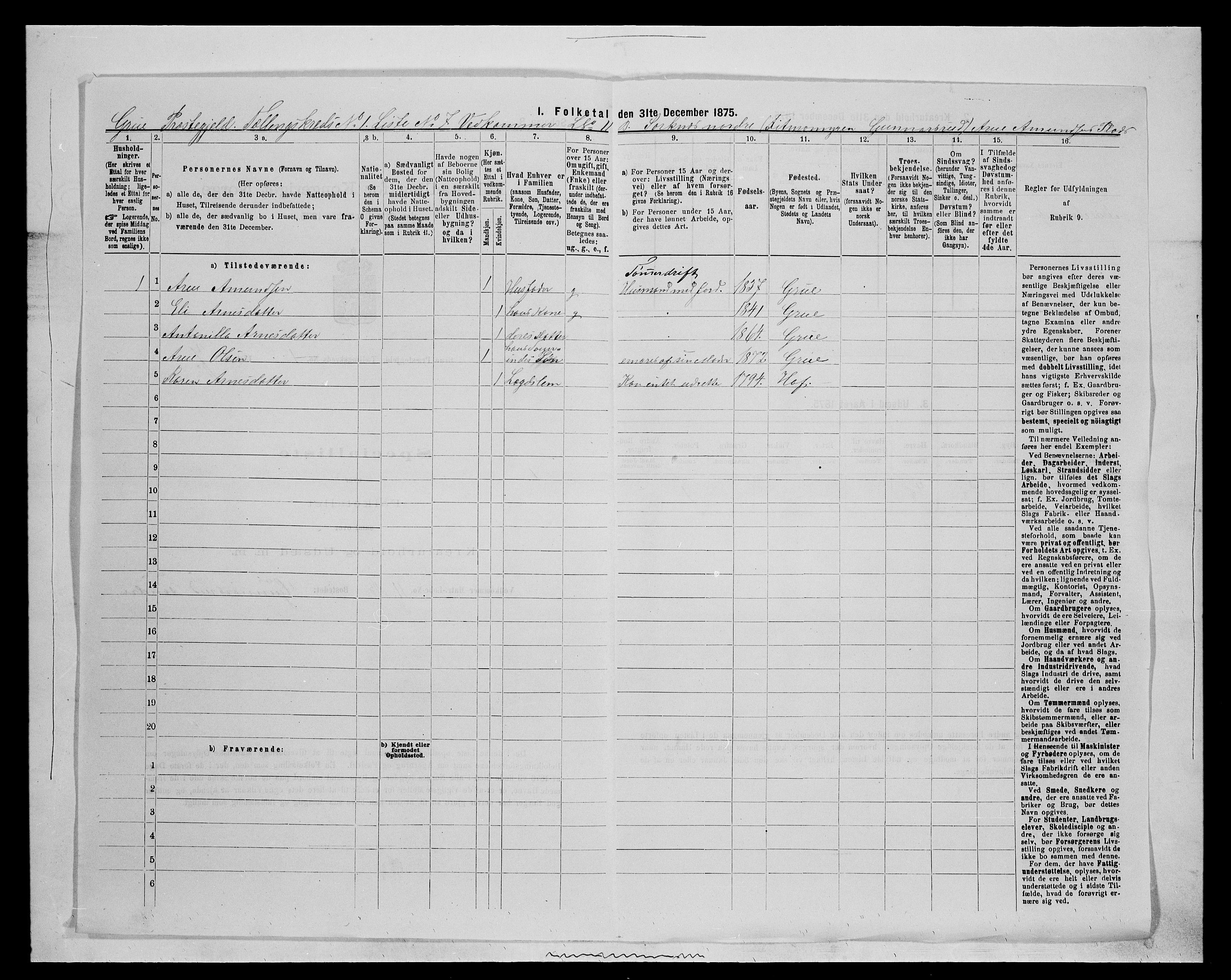 SAH, 1875 census for 0423P Grue, 1875, p. 166