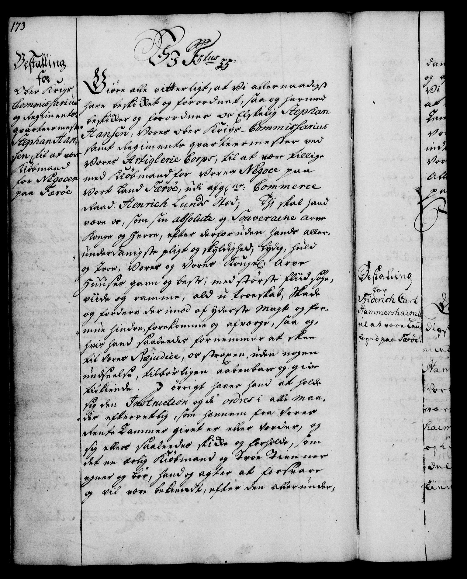 Rentekammeret, Kammerkanselliet, RA/EA-3111/G/Gg/Gge/L0003: Norsk bestallingsprotokoll med register (merket RK 53.27), 1745-1761, p. 173