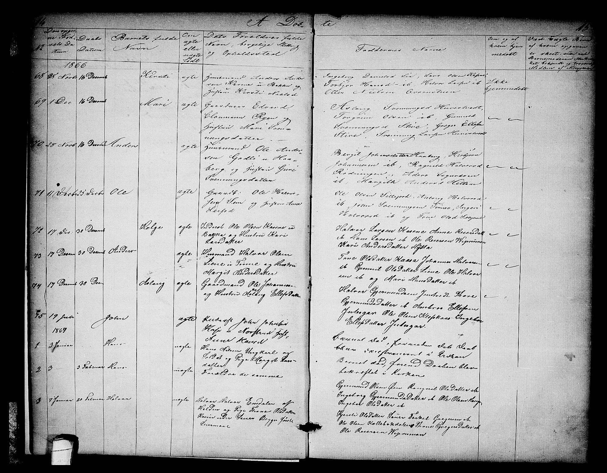 Heddal kirkebøker, AV/SAKO-A-268/G/Ga/L0001: Parish register (copy) no. I 1, 1866-1878, p. 14-15