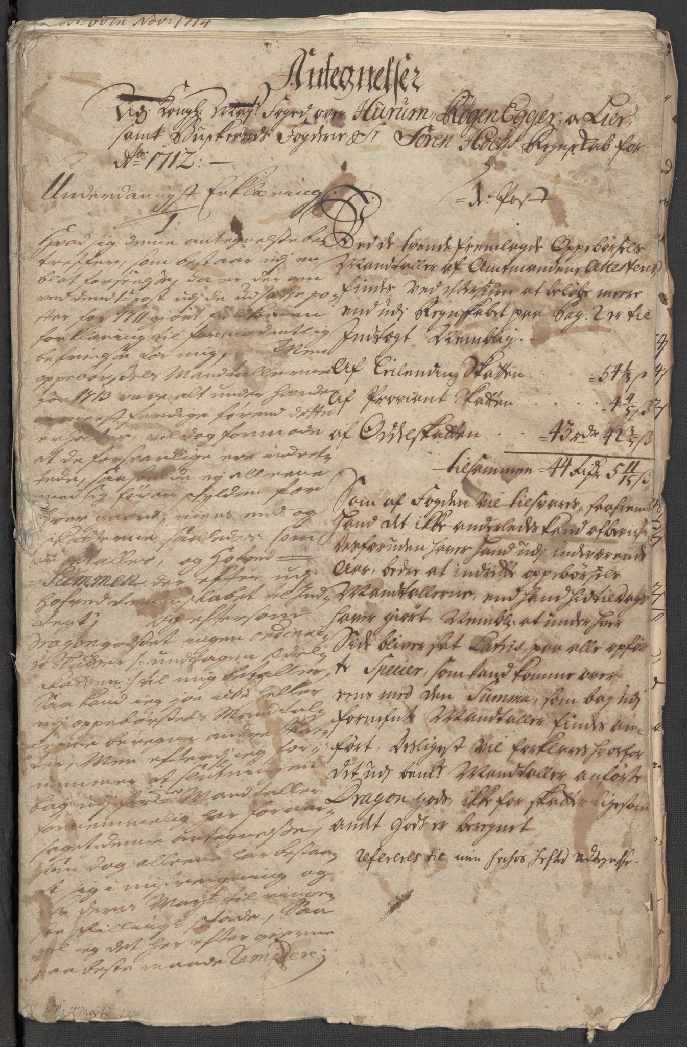 Rentekammeret inntil 1814, Reviderte regnskaper, Fogderegnskap, RA/EA-4092/R31/L1707: Fogderegnskap Hurum, Røyken, Eiker, Lier og Buskerud, 1712, p. 328