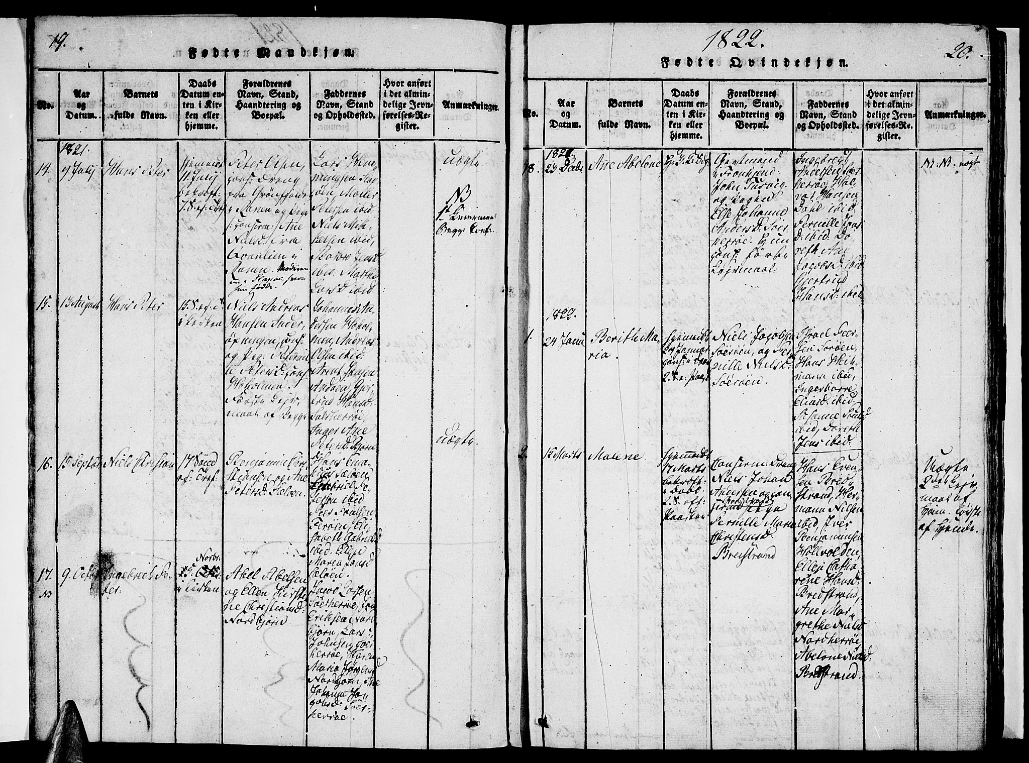 Ministerialprotokoller, klokkerbøker og fødselsregistre - Nordland, AV/SAT-A-1459/834/L0510: Parish register (copy) no. 834C01, 1820-1847, p. 19-20
