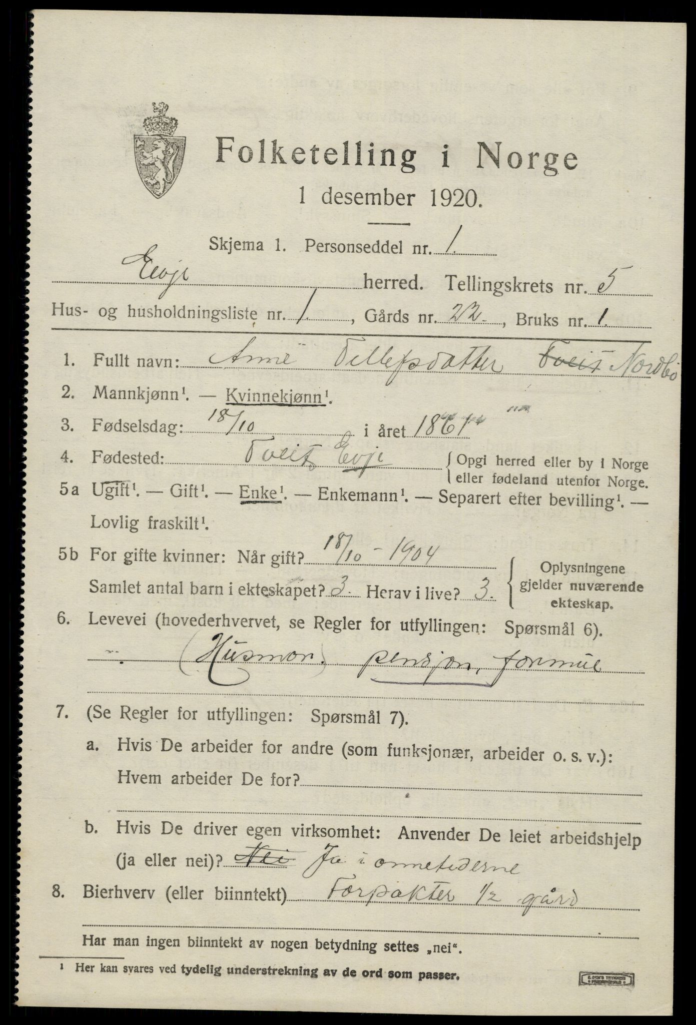 SAK, 1920 census for Evje, 1920, p. 1570