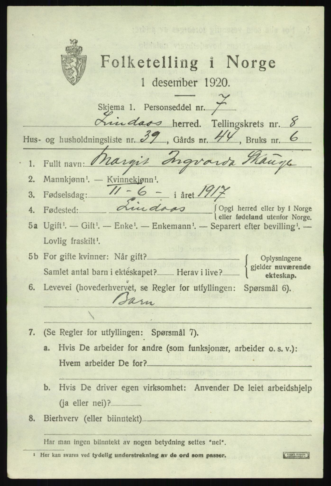 SAB, 1920 census for Lindås, 1920, p. 4779