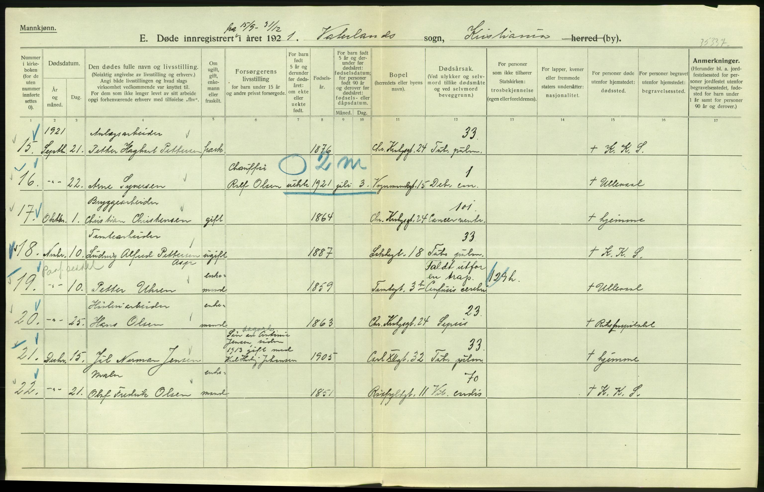 Statistisk sentralbyrå, Sosiodemografiske emner, Befolkning, RA/S-2228/D/Df/Dfc/Dfca/L0013: Kristiania: Døde, dødfødte, 1921, p. 116