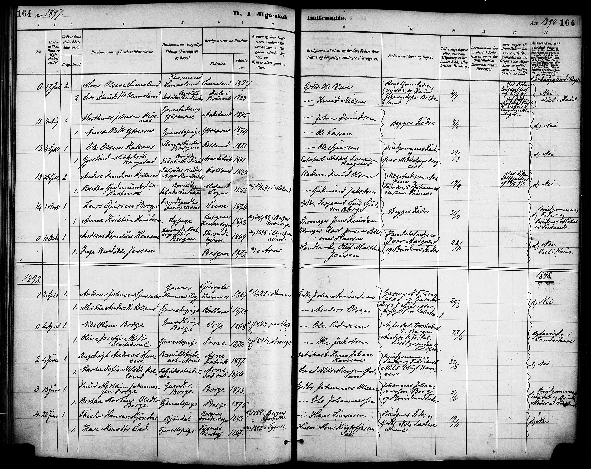 Haus sokneprestembete, AV/SAB-A-75601/H/Haa/Haad/L0001: Parish register (official) no. D 1, 1887-1898, p. 164