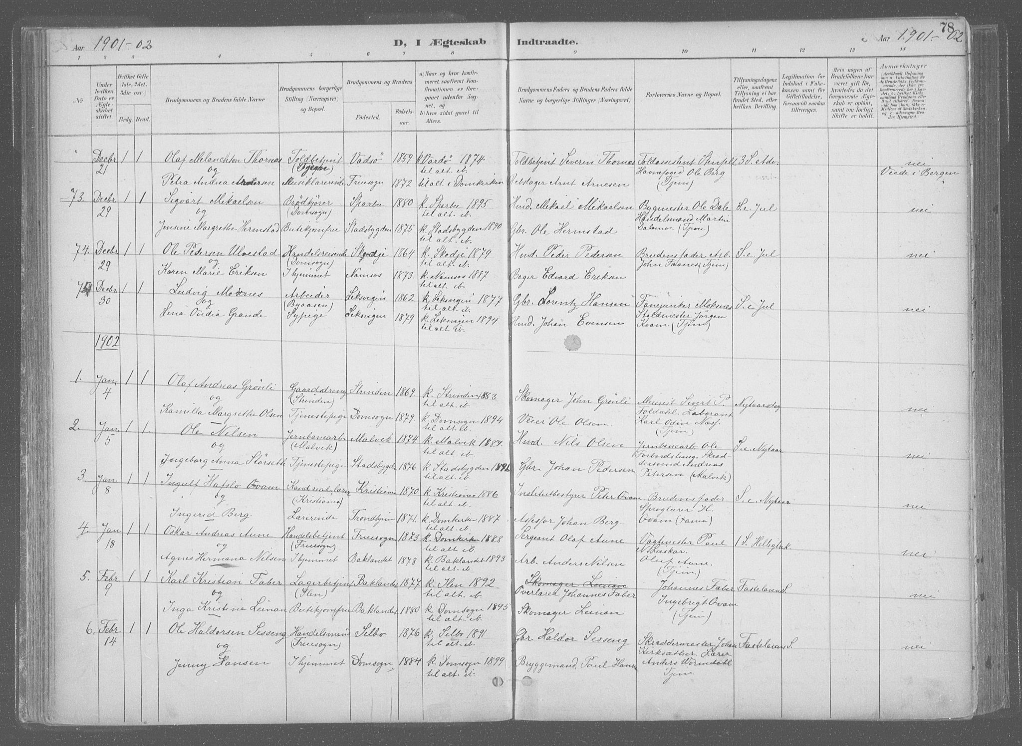 Ministerialprotokoller, klokkerbøker og fødselsregistre - Sør-Trøndelag, AV/SAT-A-1456/601/L0064: Parish register (official) no. 601A31, 1891-1911, p. 78