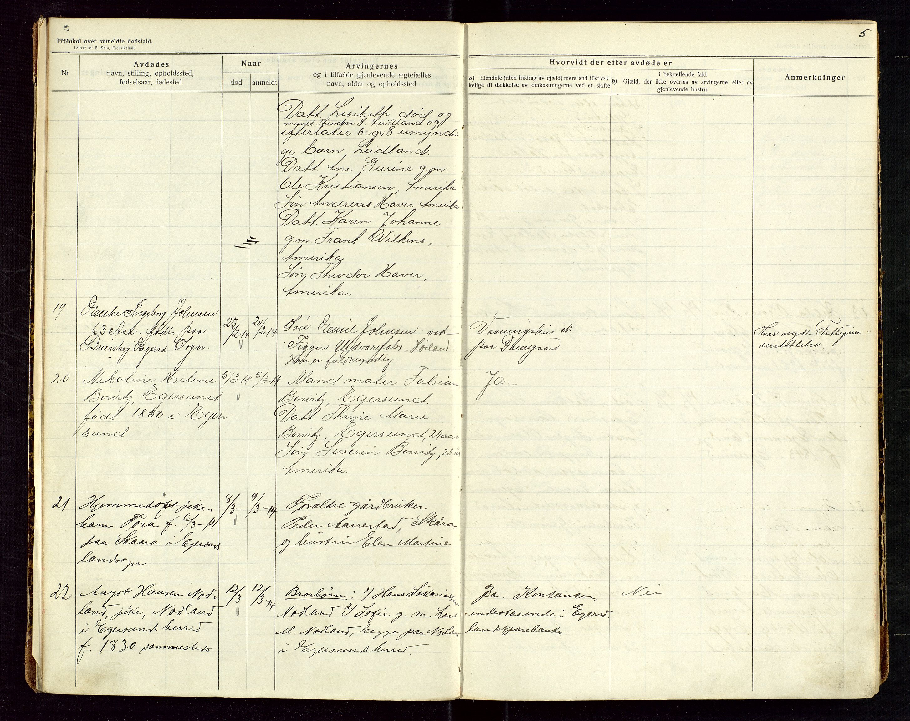 Eigersund lensmannskontor, SAST/A-100171/Gga/L0006: "Protokol over anmeldte dødsfald" m/alfabetisk navneregister, 1914-1917, p. 5