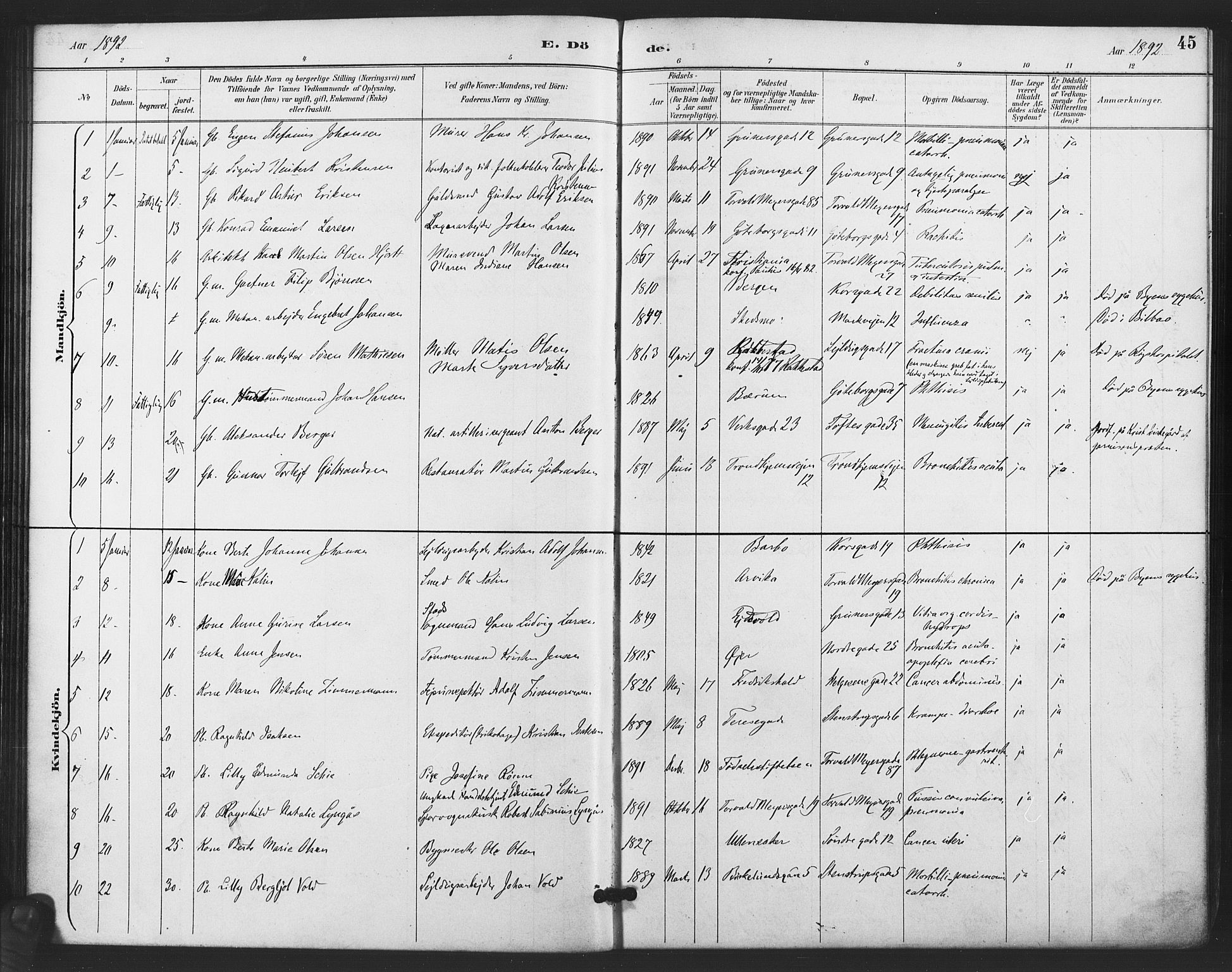 Paulus prestekontor Kirkebøker, SAO/A-10871/F/Fa/L0011: Parish register (official) no. 11, 1889-1897, p. 45