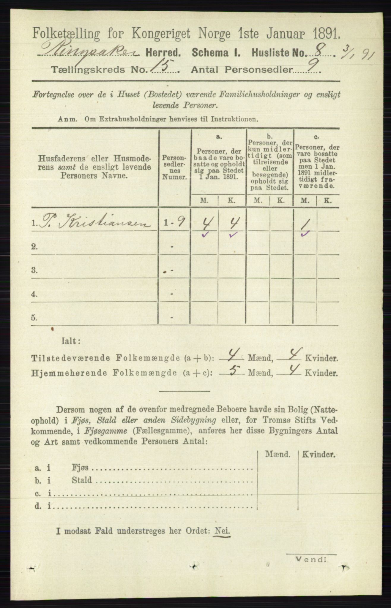 RA, 1891 census for 0412 Ringsaker, 1891, p. 8405