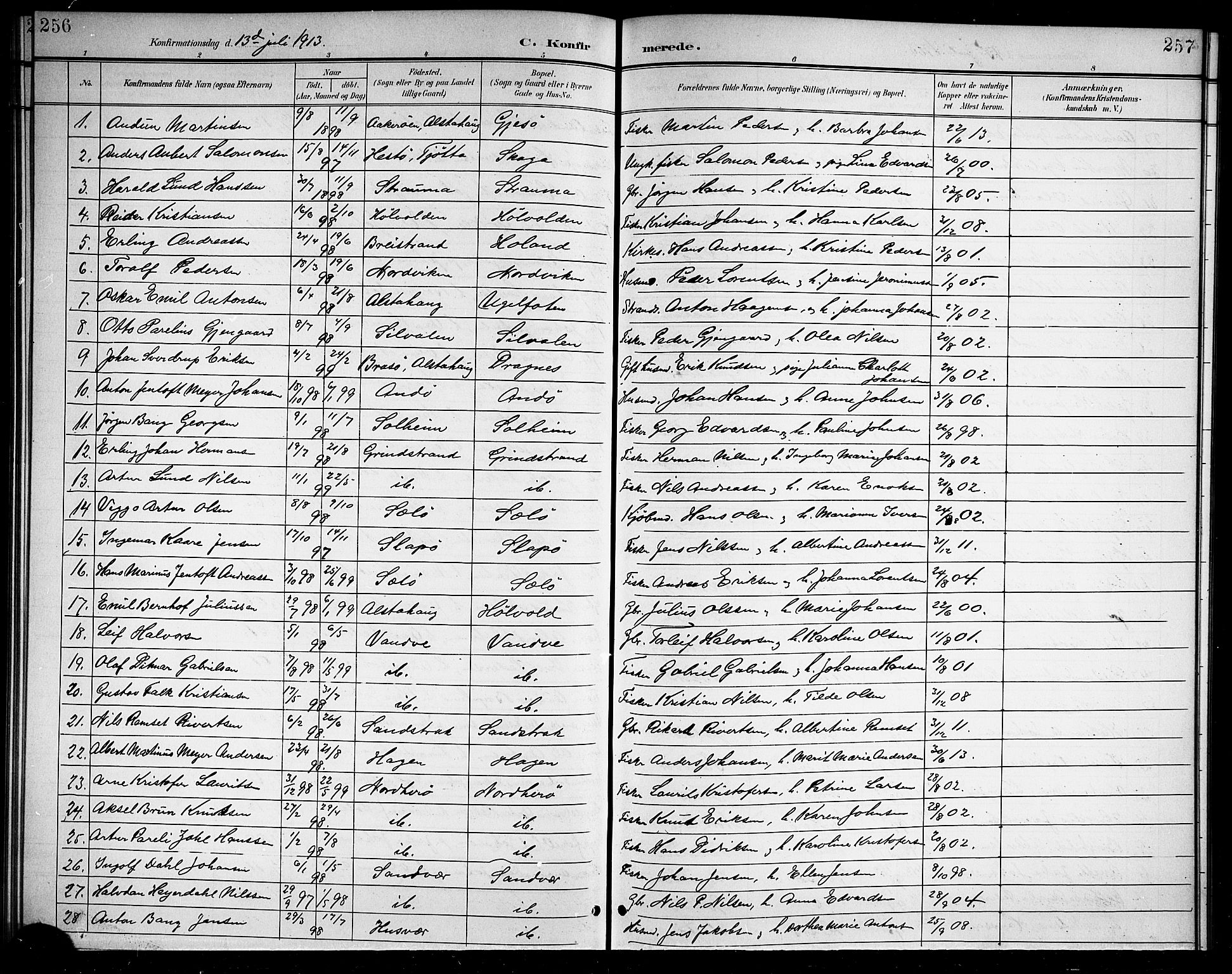 Ministerialprotokoller, klokkerbøker og fødselsregistre - Nordland, SAT/A-1459/834/L0516: Parish register (copy) no. 834C06, 1902-1918, p. 256-257