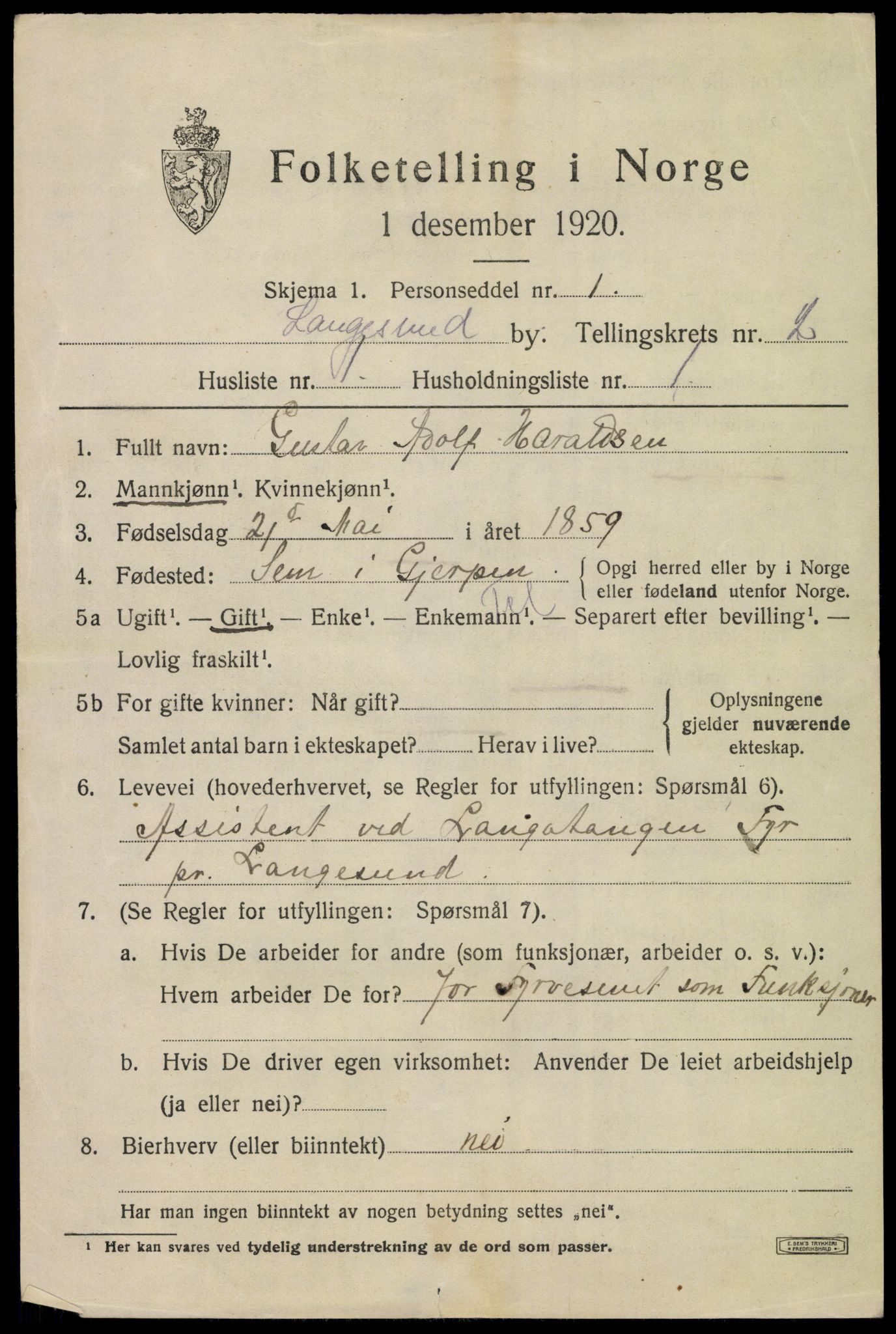 SAKO, 1920 census for Langesund, 1920, p. 3685