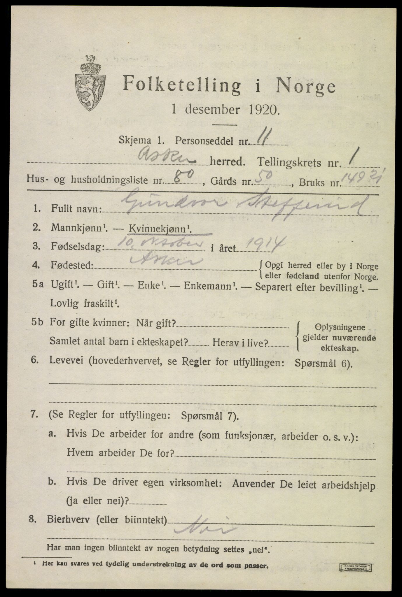 SAO, 1920 census for Asker, 1920, p. 3532