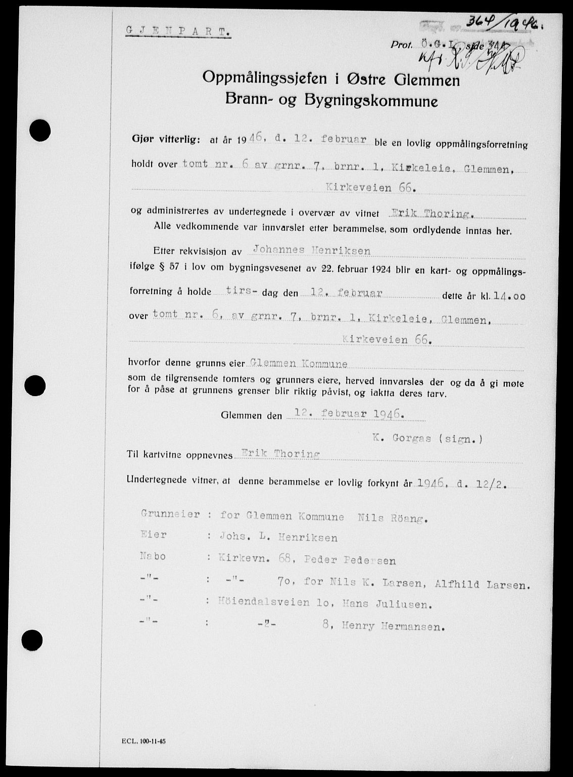 Onsøy sorenskriveri, SAO/A-10474/G/Ga/Gab/L0015: Mortgage book no. II A-15, 1945-1946, Diary no: : 364/1946
