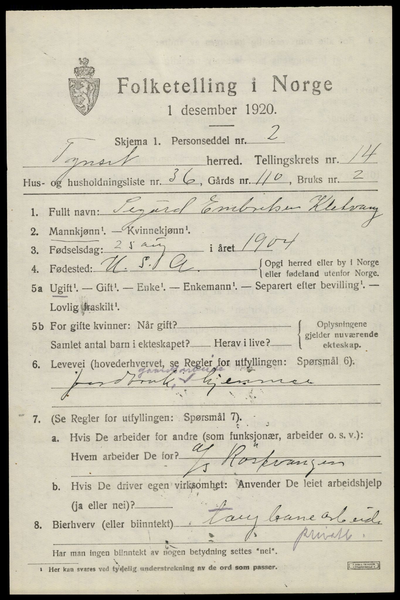 SAH, 1920 census for Tynset, 1920, p. 9208