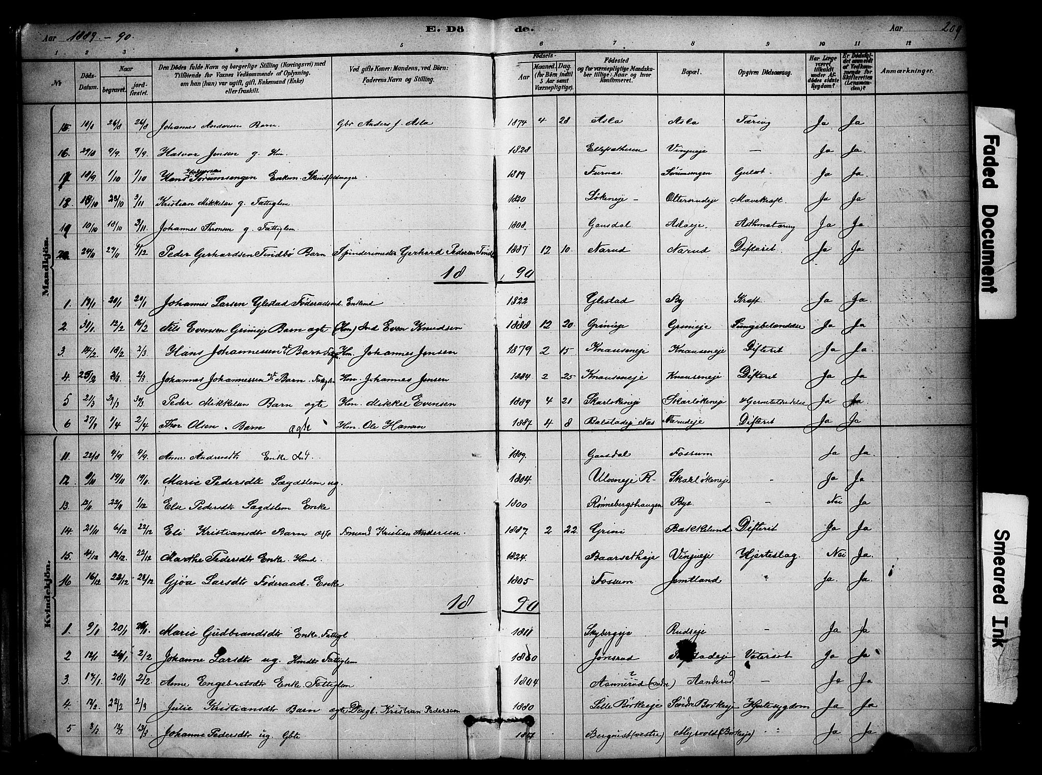 Ringsaker prestekontor, SAH/PREST-014/K/Ka/L0014: Parish register (official) no. 14, 1879-1890, p. 209