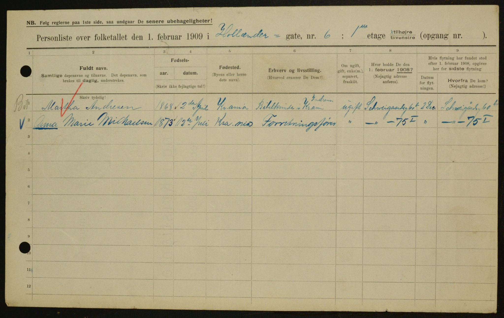 OBA, Municipal Census 1909 for Kristiania, 1909, p. 36947