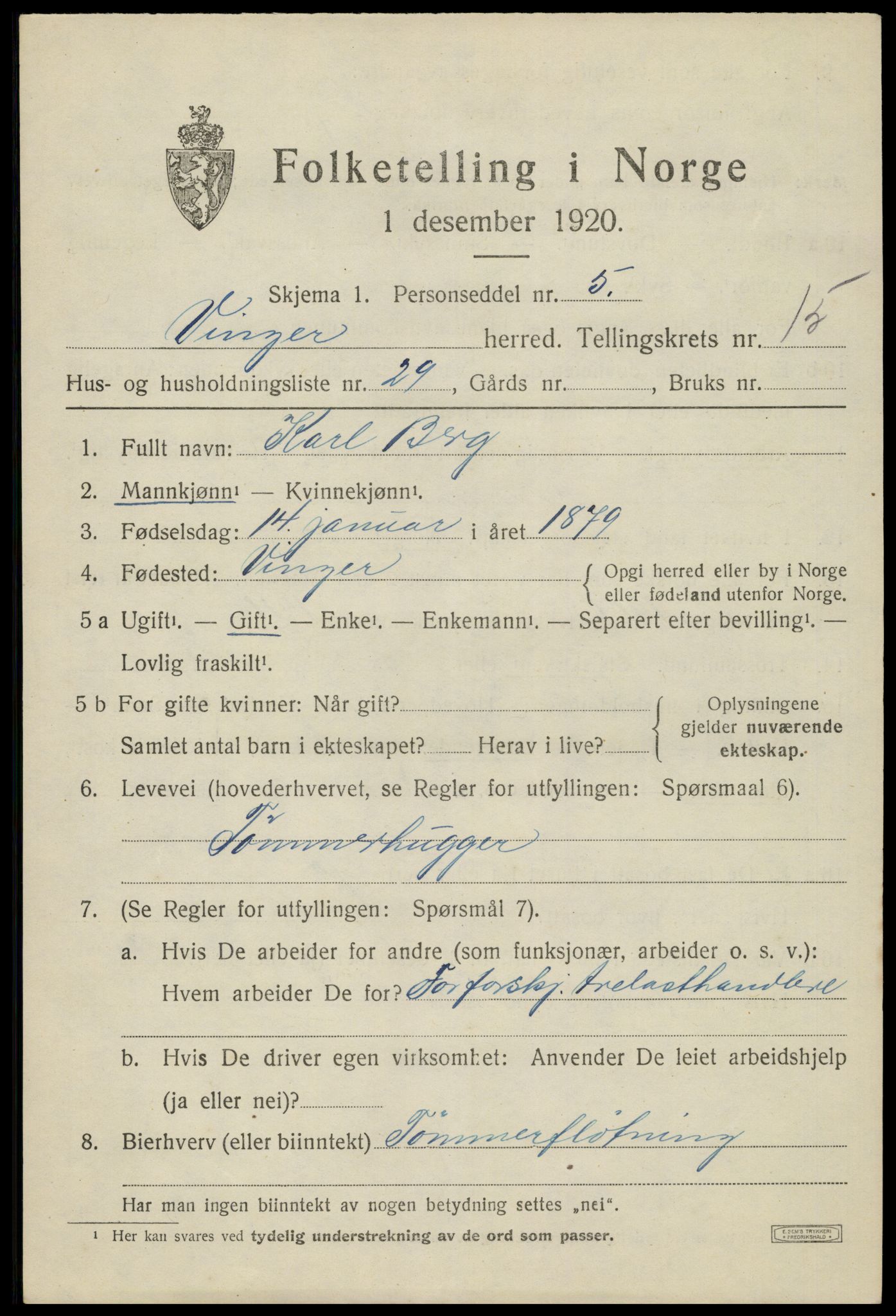 SAH, 1920 census for Vinger, 1920, p. 12038