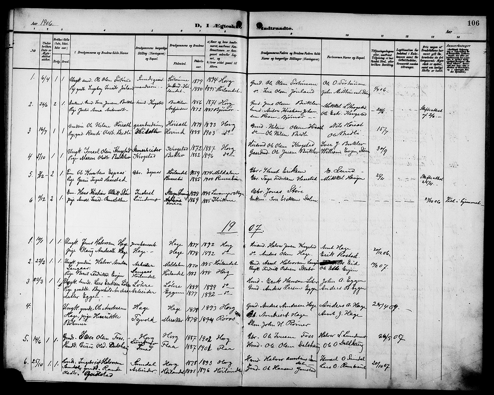 Ministerialprotokoller, klokkerbøker og fødselsregistre - Sør-Trøndelag, SAT/A-1456/692/L1112: Parish register (copy) no. 692C07, 1904-1918, p. 106