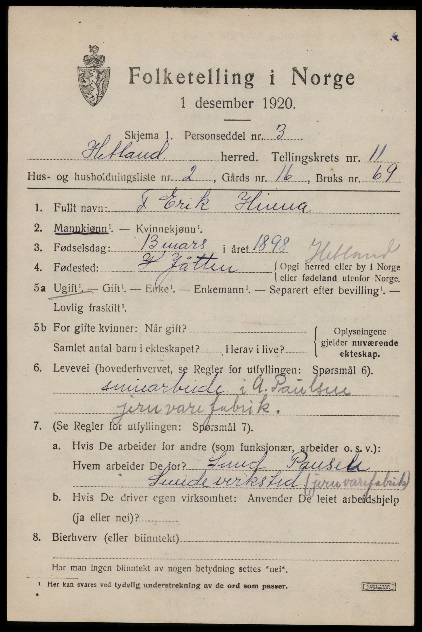 SAST, 1920 census for Hetland, 1920, p. 19953