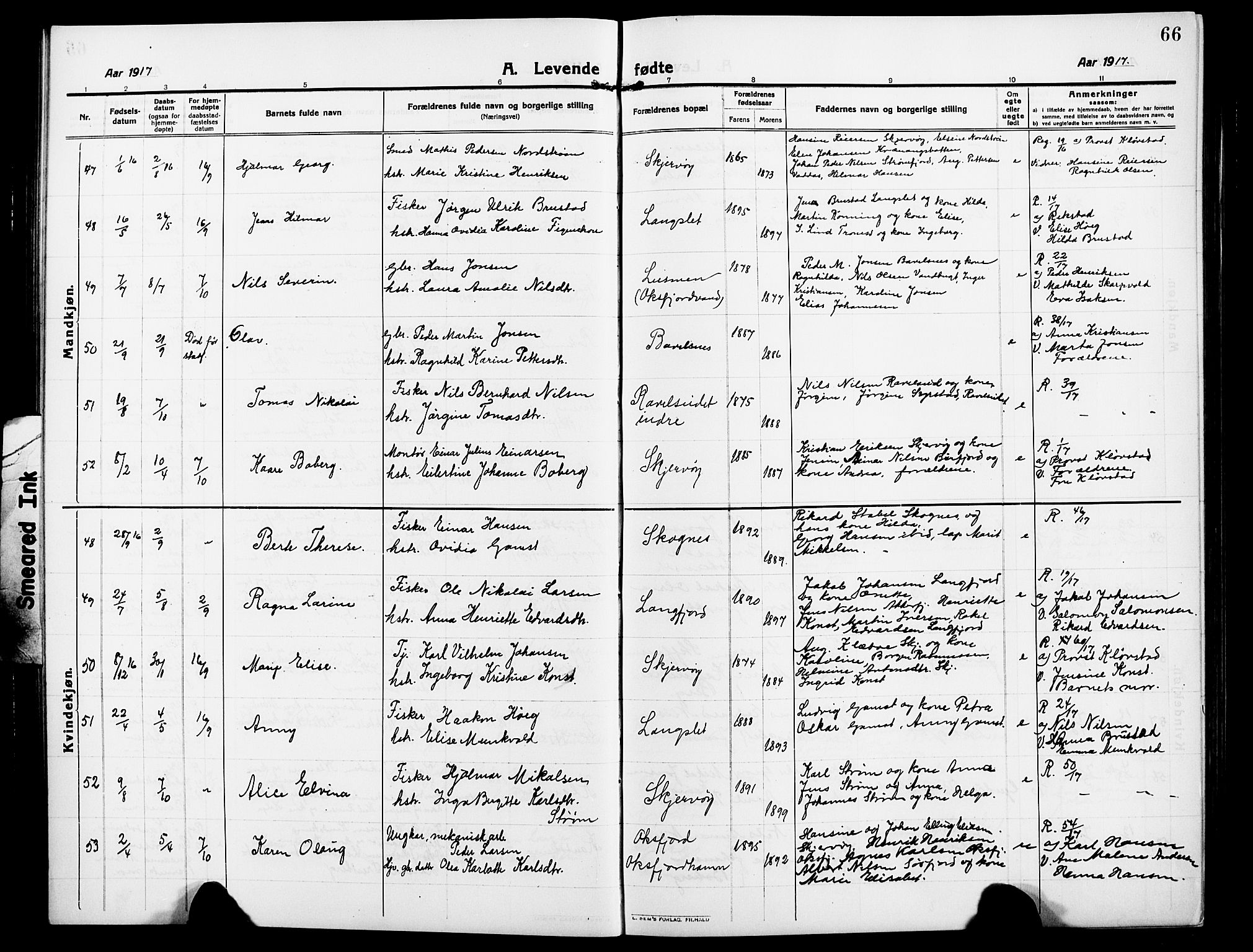 Skjervøy sokneprestkontor, AV/SATØ-S-1300/H/Ha/Hab/L0009klokker: Parish register (copy) no. 9, 1911-1926, p. 66