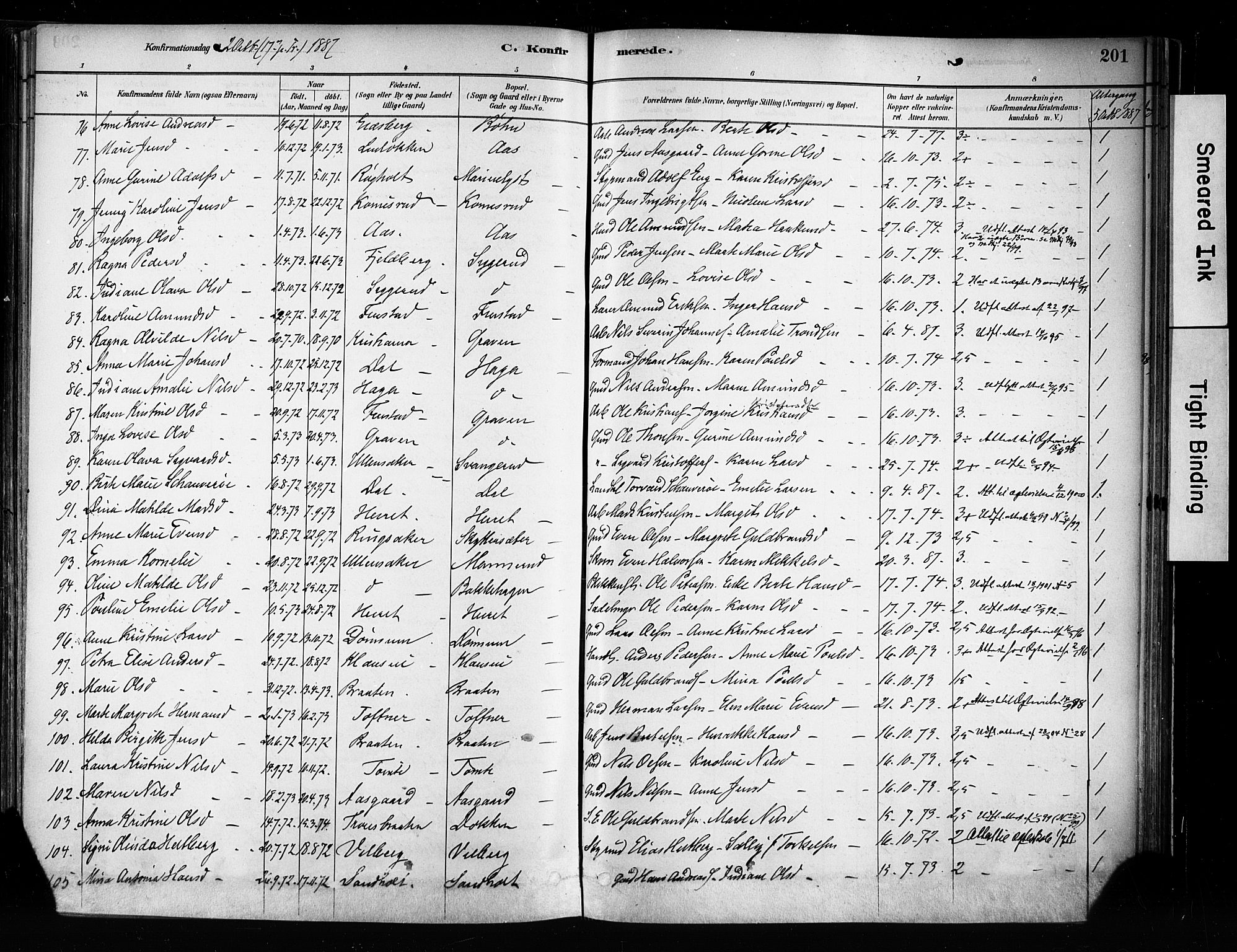 Eidsvoll prestekontor Kirkebøker, AV/SAO-A-10888/F/Fa/L0002: Parish register (official) no. I 2, 1882-1895, p. 201