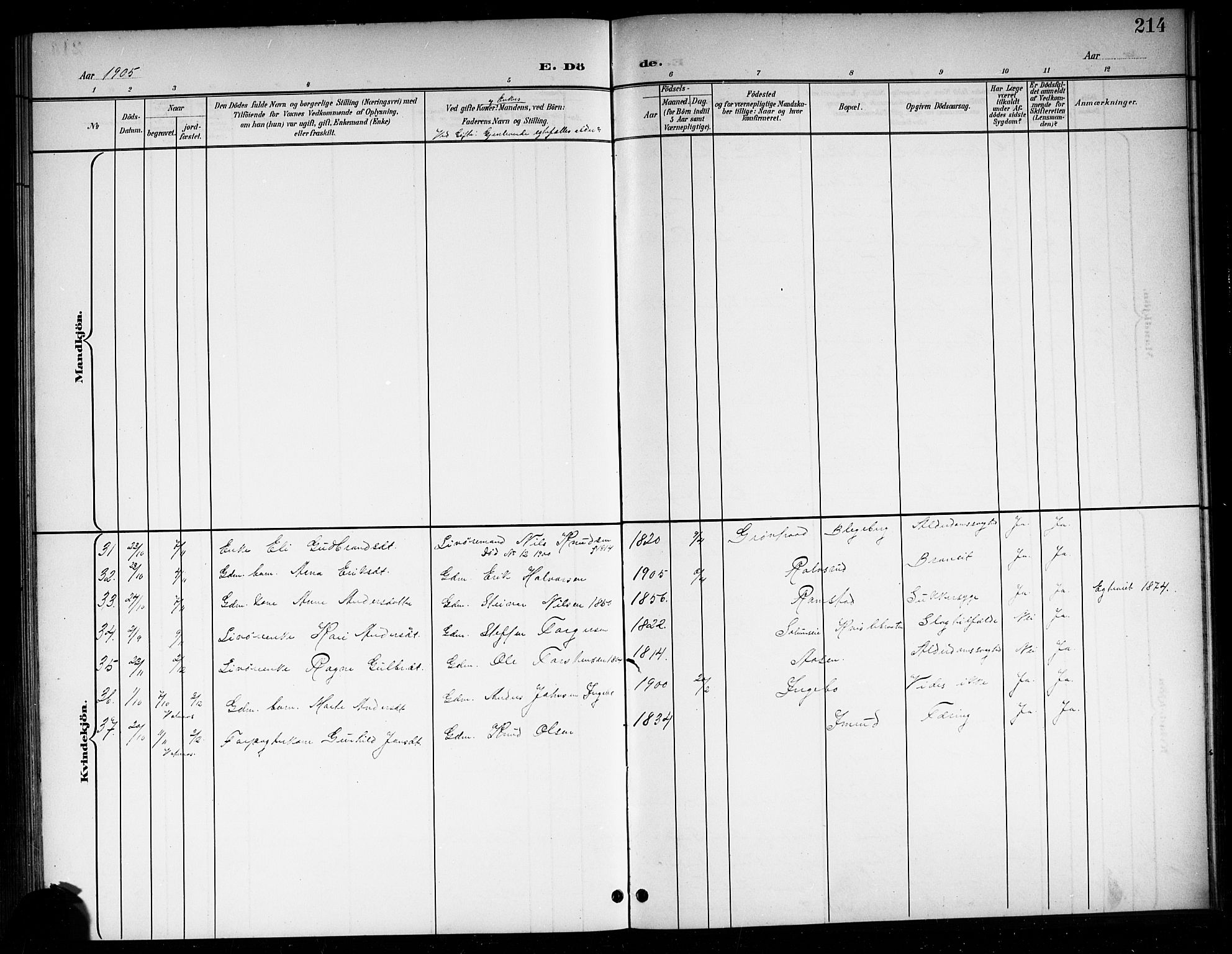 Sigdal kirkebøker, AV/SAKO-A-245/G/Ga/L0006: Parish register (copy) no. I 6, 1901-1916, p. 214