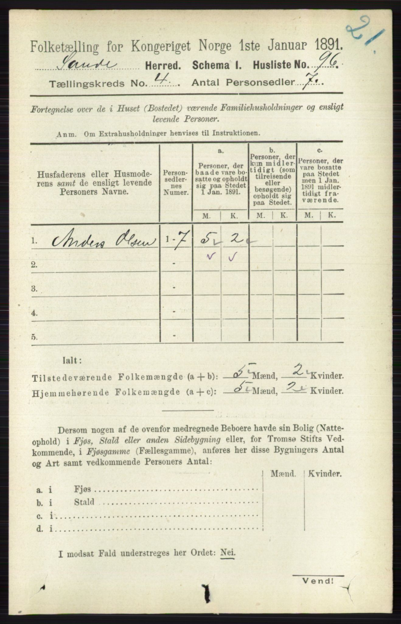 RA, 1891 census for 0713 Sande, 1891, p. 1480