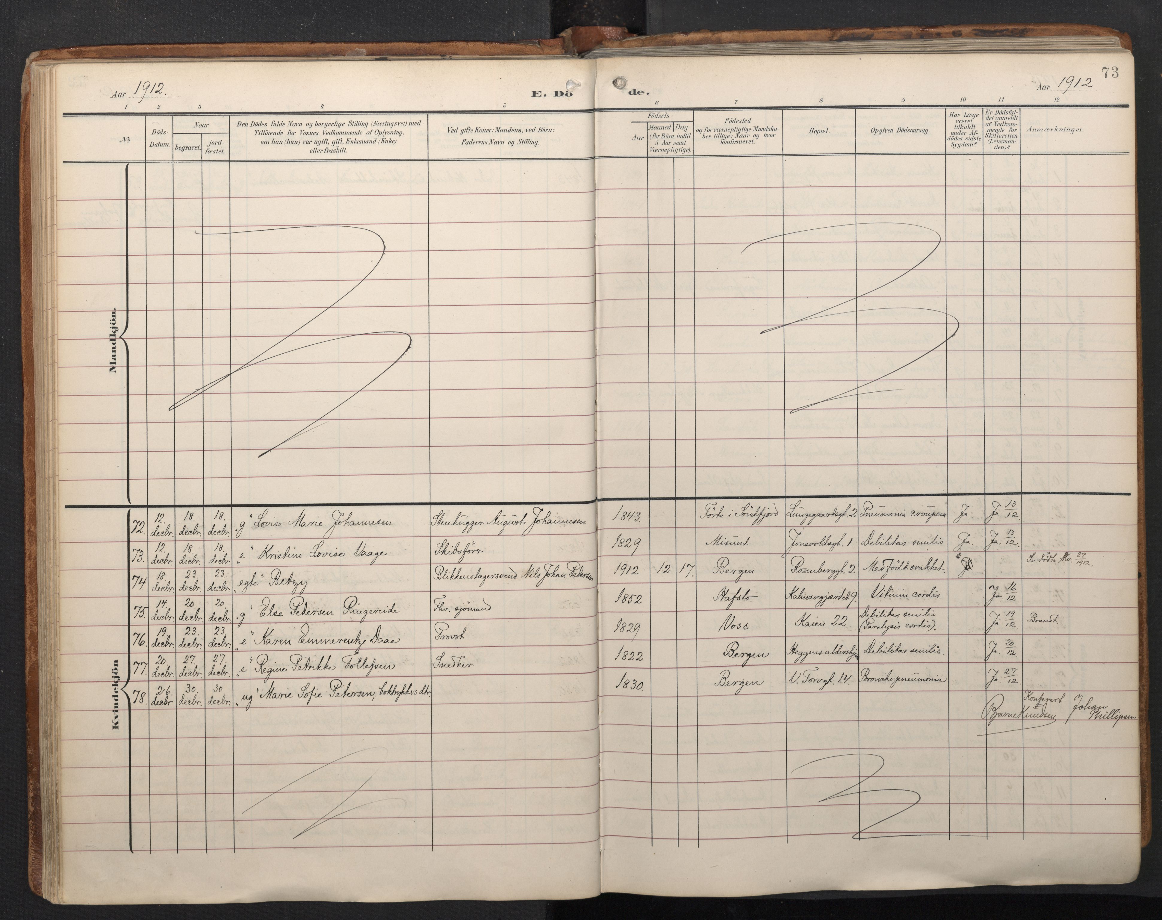 Domkirken sokneprestembete, AV/SAB-A-74801/H/Haa/L0044: Parish register (official) no. E 6, 1904-1946, p. 72b-73a