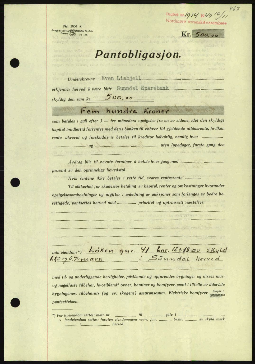 Nordmøre sorenskriveri, AV/SAT-A-4132/1/2/2Ca: Mortgage book no. B87, 1940-1941, Diary no: : 1914/1940