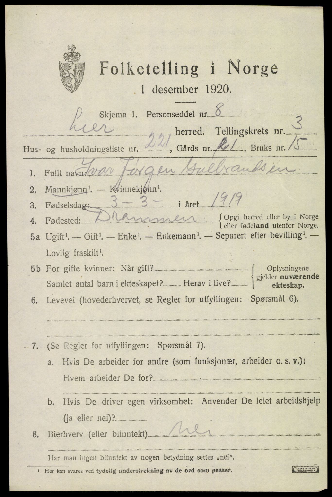 SAKO, 1920 census for Lier, 1920, p. 10588