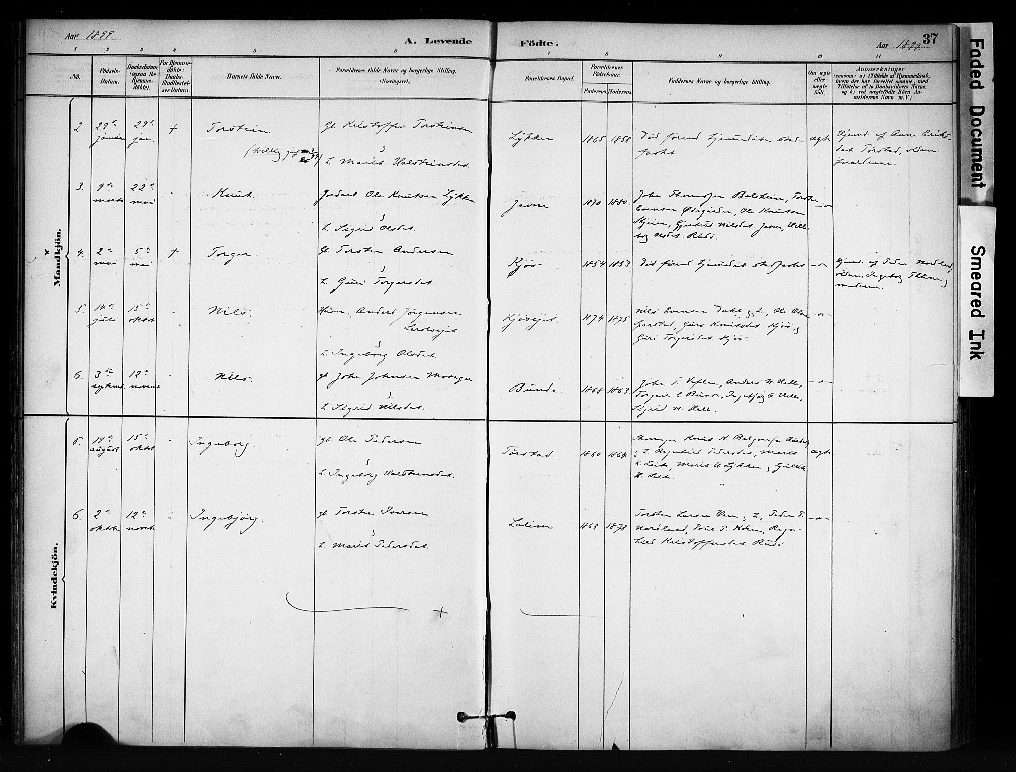 Vang prestekontor, Valdres, AV/SAH-PREST-140/H/Ha/L0009: Parish register (official) no. 9, 1882-1914, p. 37