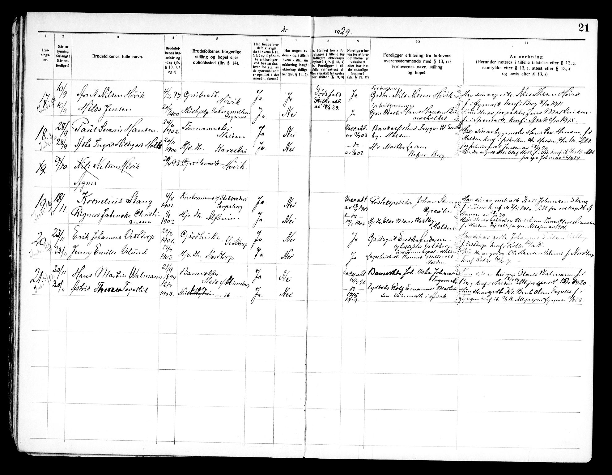 Berg prestekontor Kirkebøker, SAO/A-10902/H/Ha/L0002: Banns register no. I 2, 1919-1966, p. 21