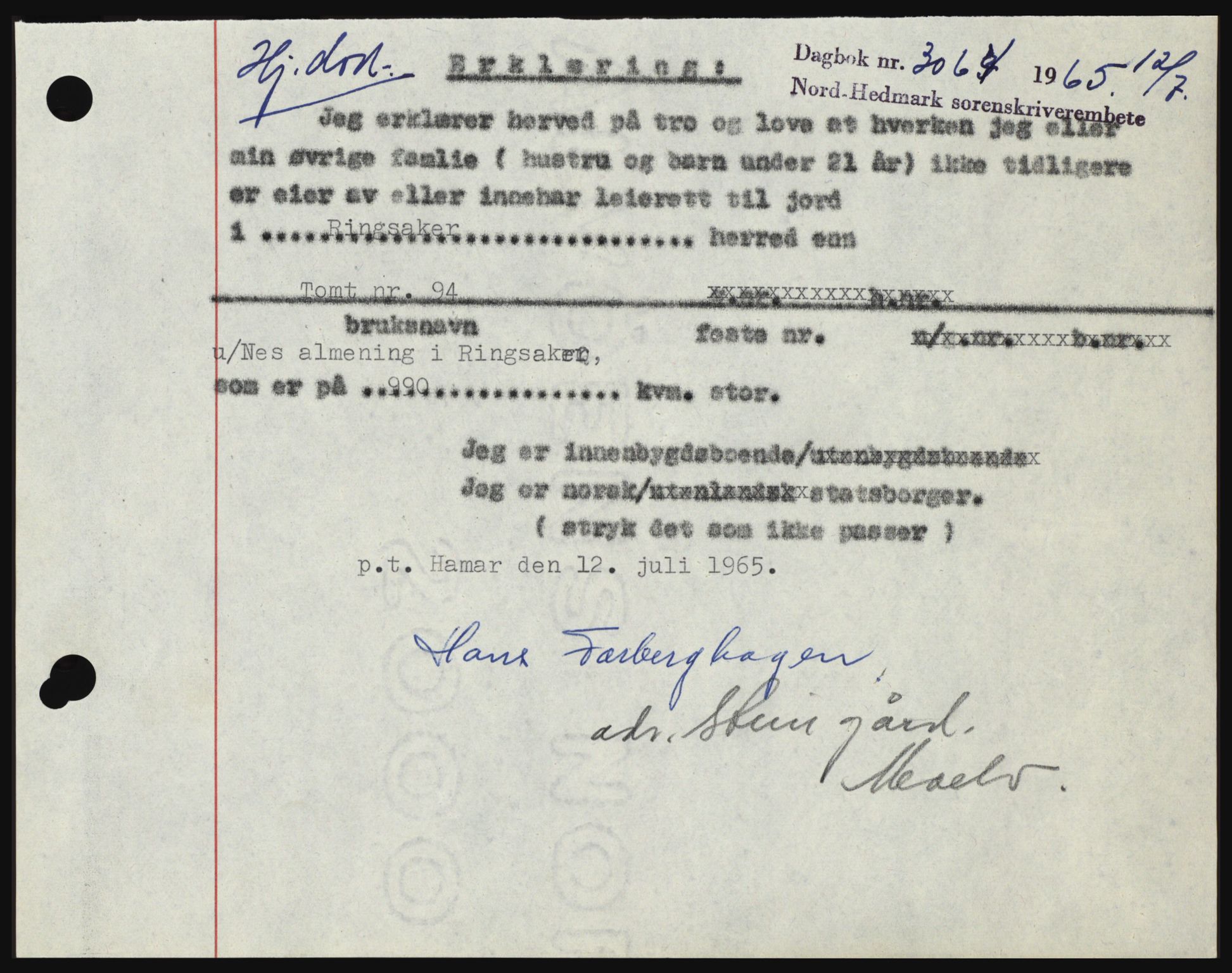 Nord-Hedmark sorenskriveri, SAH/TING-012/H/Hc/L0022: Mortgage book no. 22, 1965-1965, Diary no: : 3064/1965
