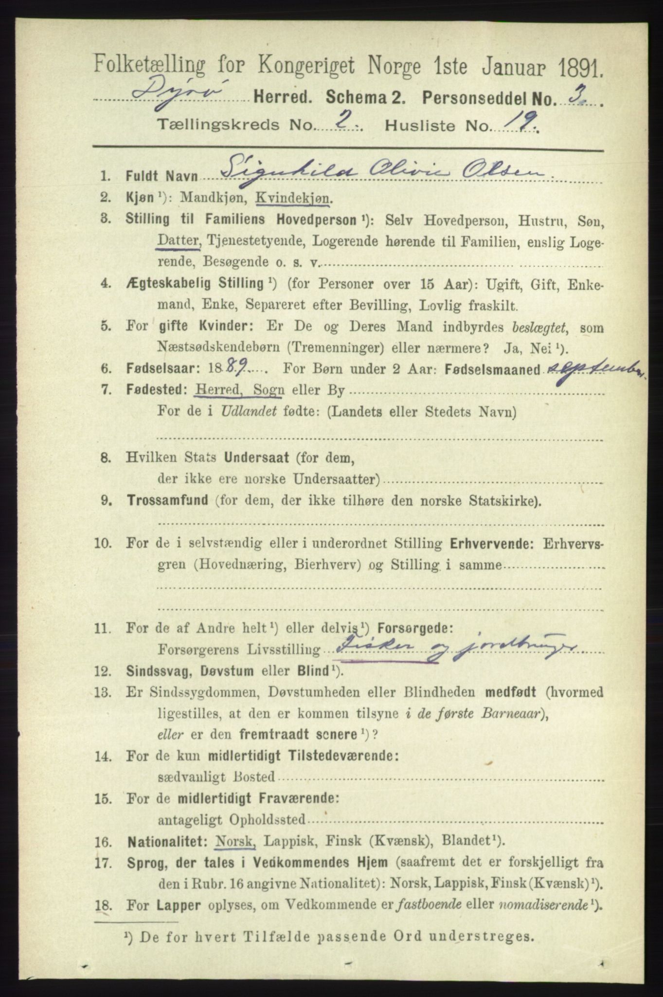 RA, 1891 census for 1926 Dyrøy, 1891, p. 662