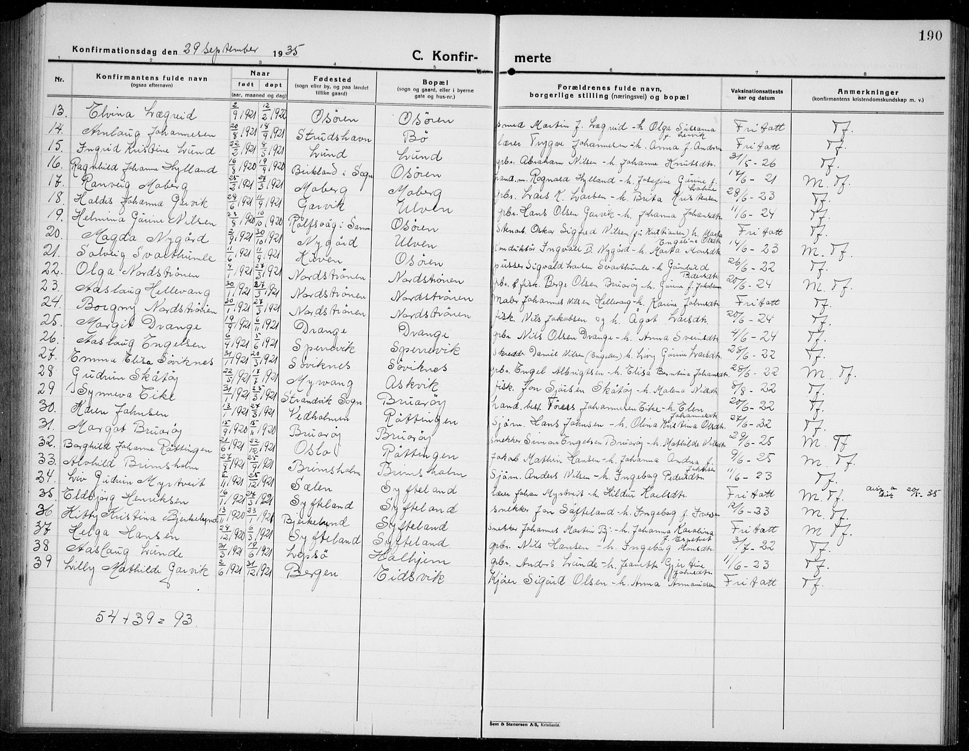 Os sokneprestembete, AV/SAB-A-99929: Parish register (copy) no. A 5, 1923-1941, p. 190