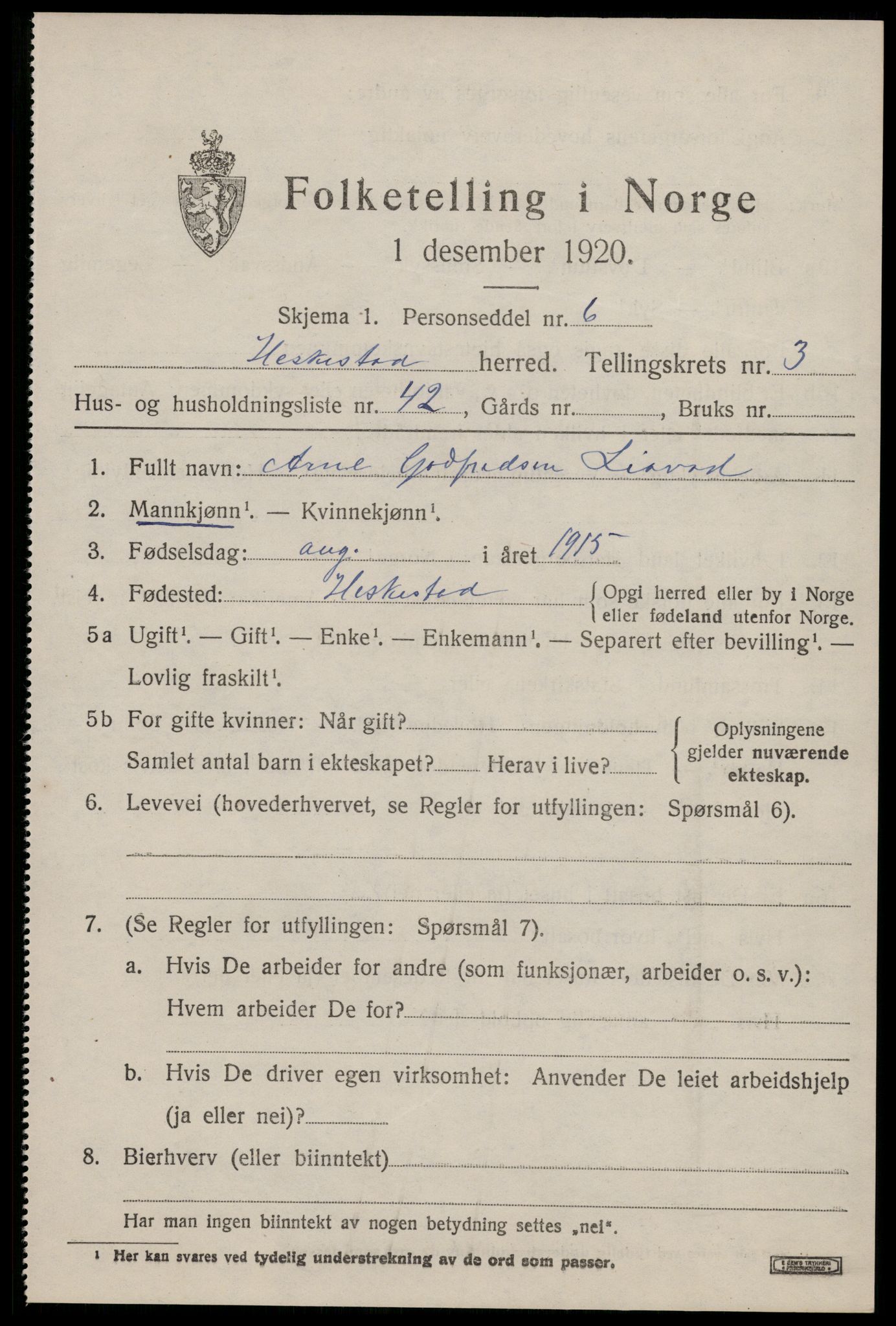 SAST, 1920 census for Heskestad, 1920, p. 1401