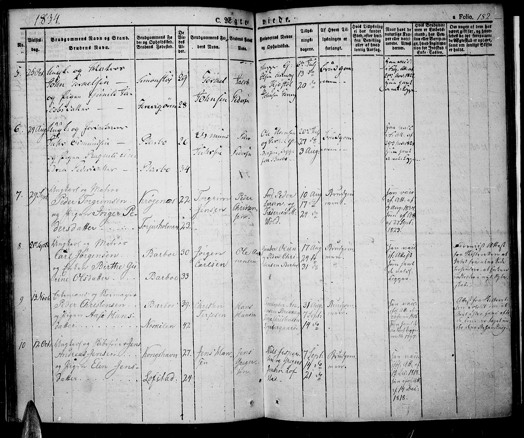Tromøy sokneprestkontor, SAK/1111-0041/F/Fa/L0003: Parish register (official) no. A 3, 1825-1837, p. 182