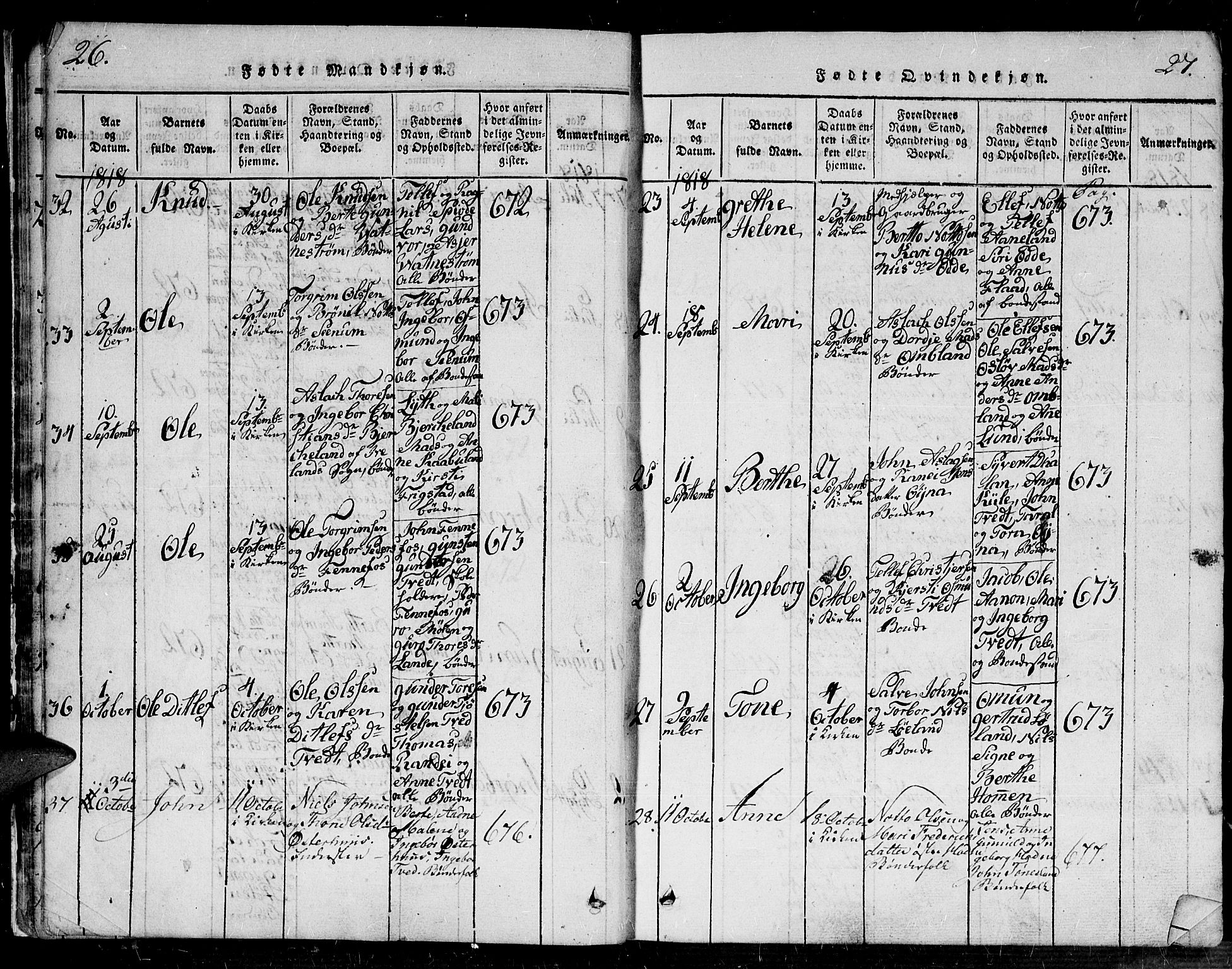 Evje sokneprestkontor, SAK/1111-0008/F/Fa/Faa/L0004: Parish register (official) no. A 4, 1816-1840, p. 26-27