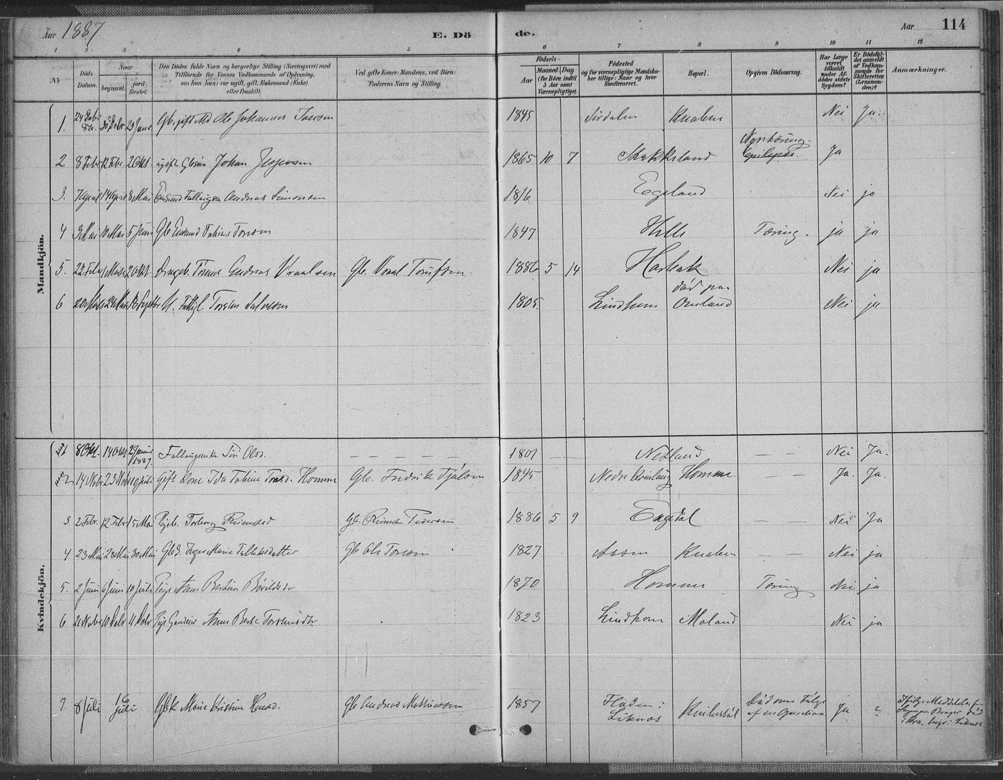 Fjotland sokneprestkontor, AV/SAK-1111-0010/F/Fa/L0002: Parish register (official) no. A 2, 1880-1898, p. 114