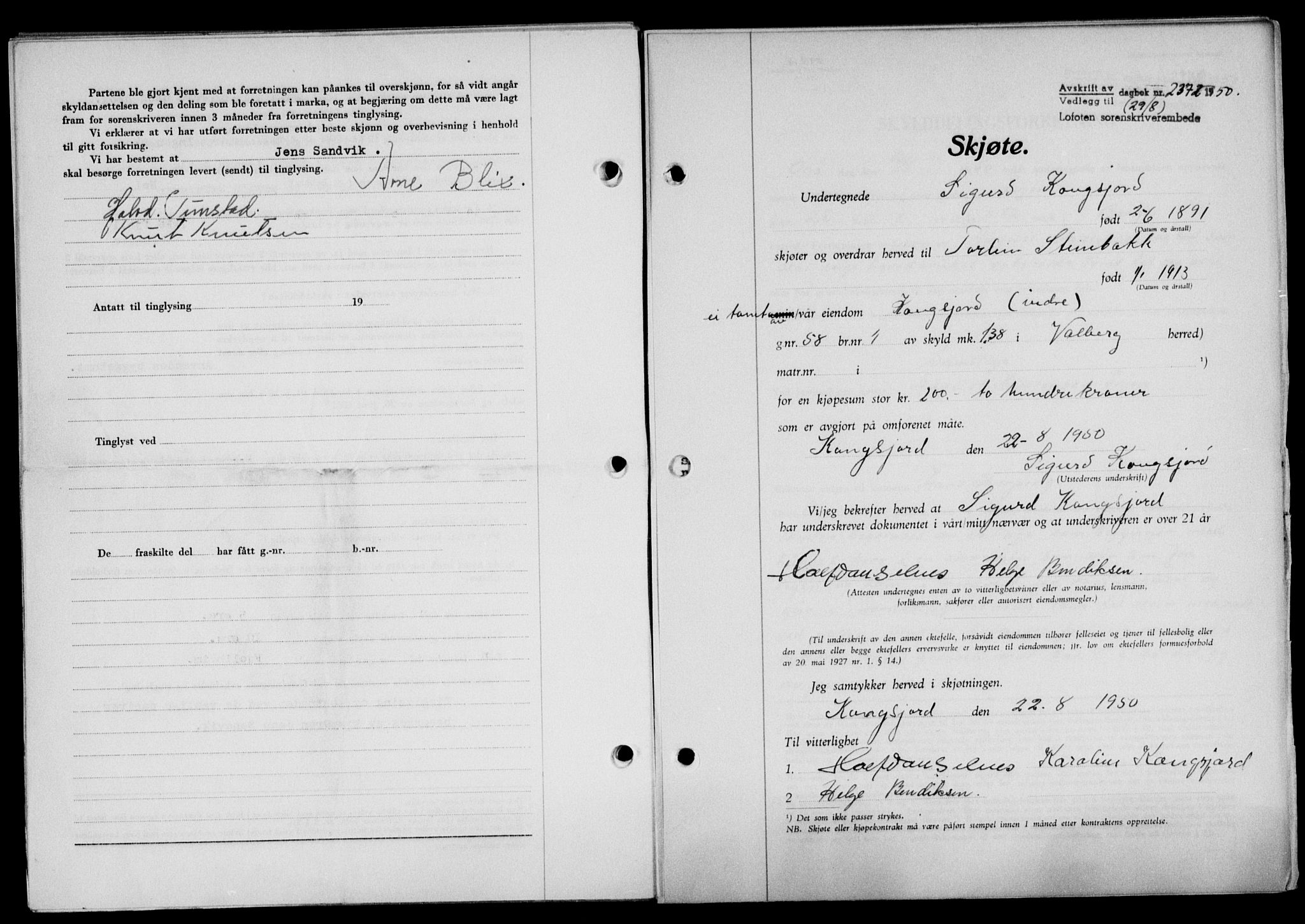 Lofoten sorenskriveri, SAT/A-0017/1/2/2C/L0024a: Mortgage book no. 24a, 1950-1950, Diary no: : 2372/1950