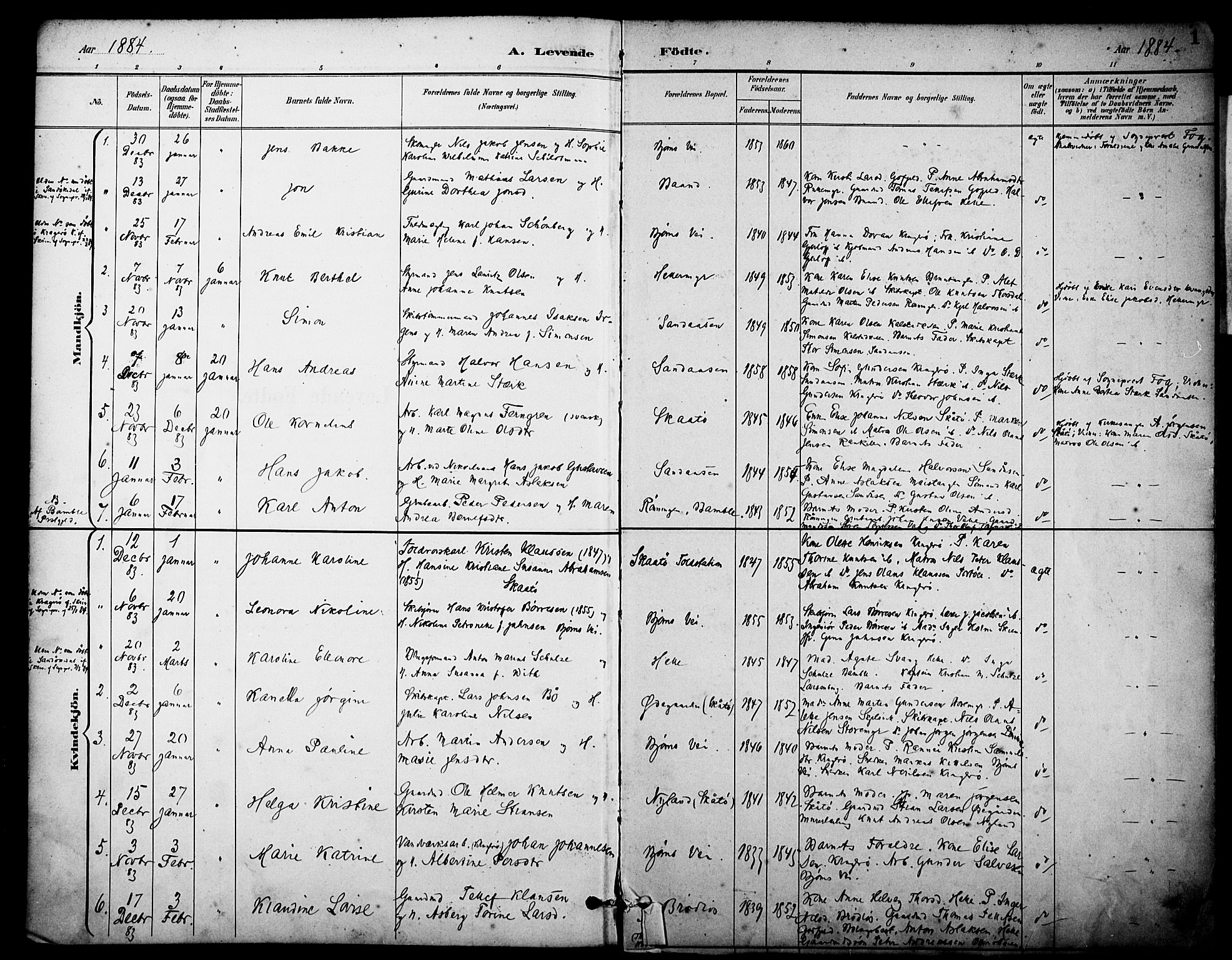 Skåtøy kirkebøker, AV/SAKO-A-304/F/Fa/L0002: Parish register (official) no. I 2, 1884-1899, p. 1