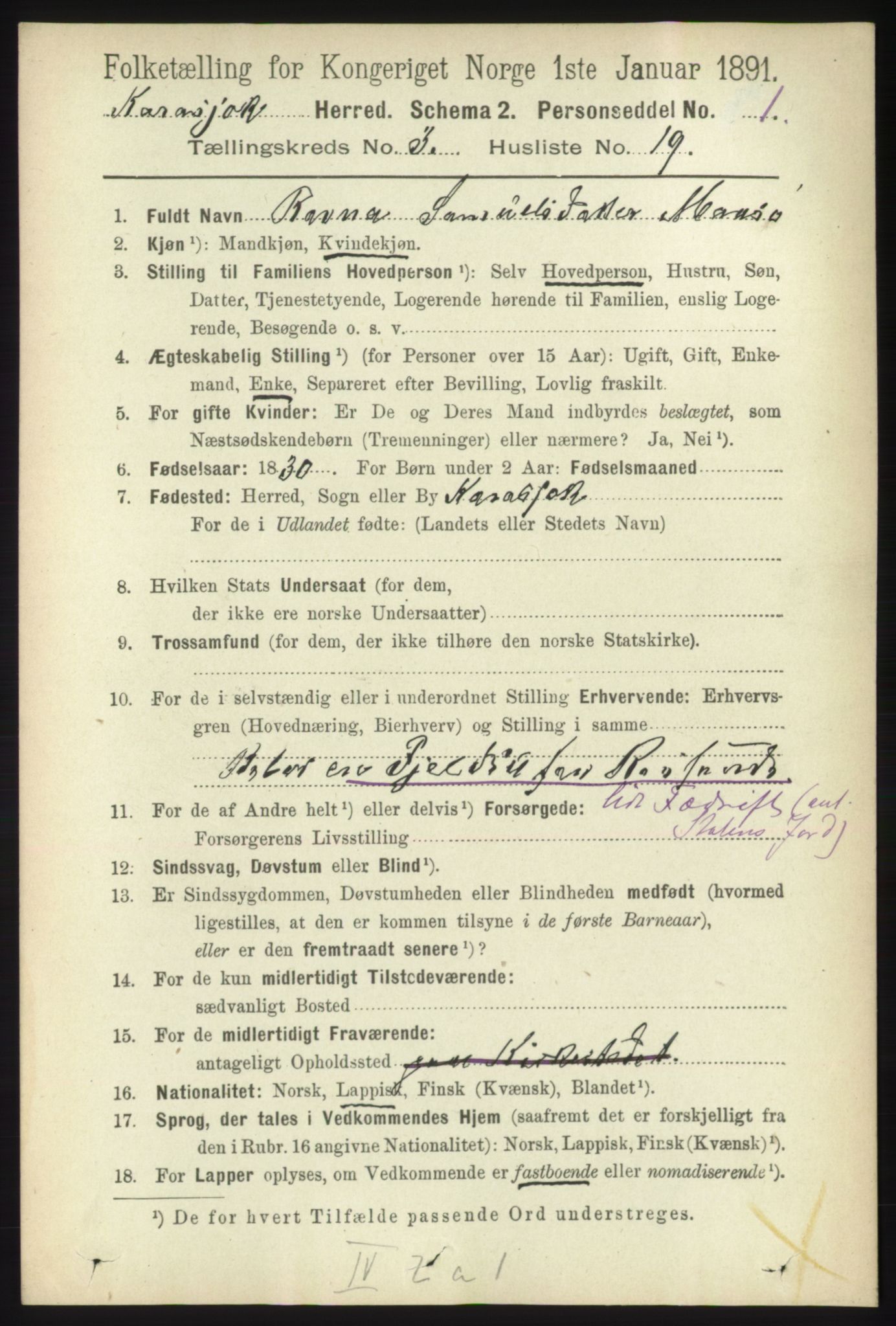 RA, 1891 census for 2021 Karasjok, 1891, p. 662